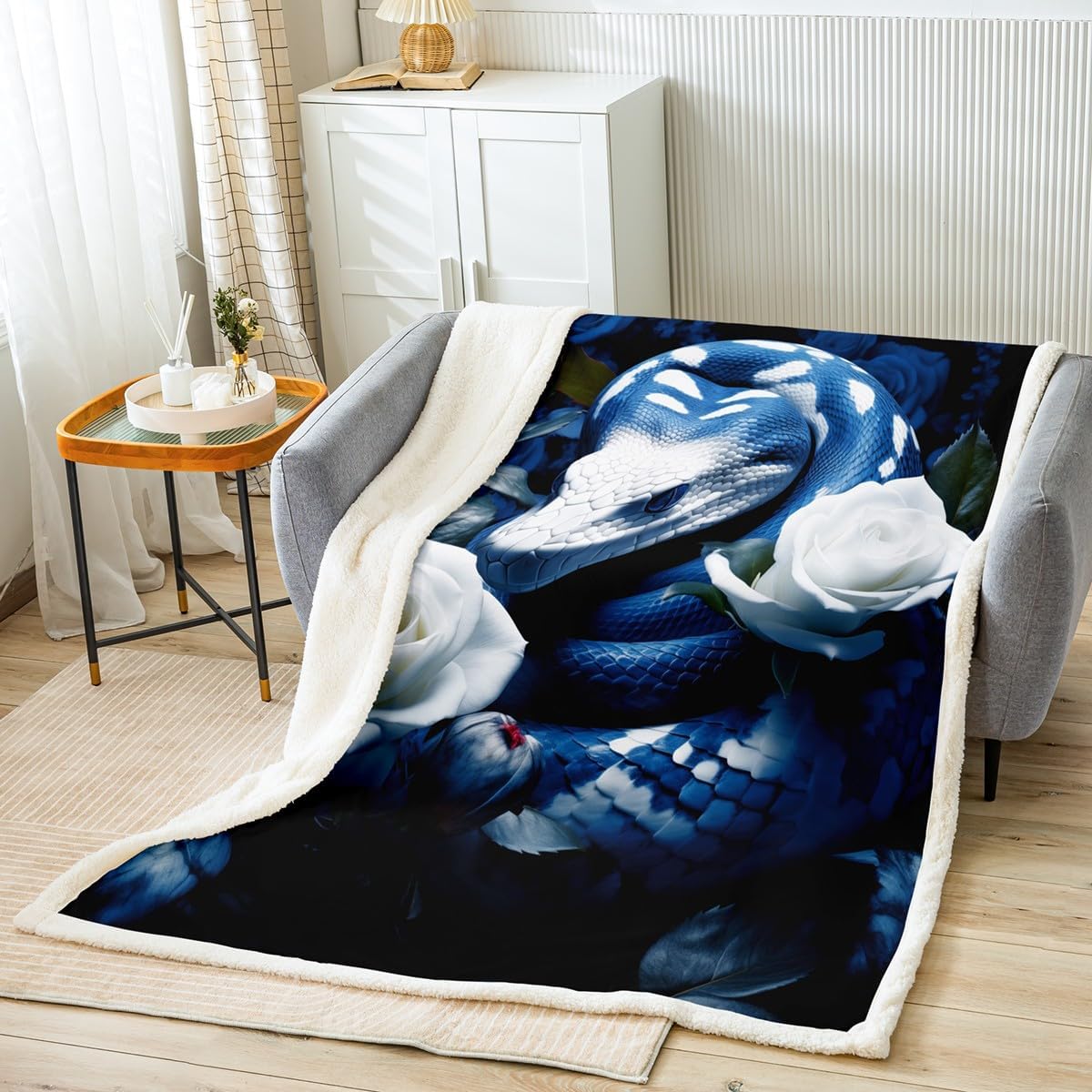 Erosebridal Snake Sherpa Blanket Queen Size, Reptile Print Throw Blanket for Kids Boys Teens Adult Bedroom Decor, Rose Flower Fleece Blanket Animal Floral Plush Bed Blanket Decorative Sofa Couch