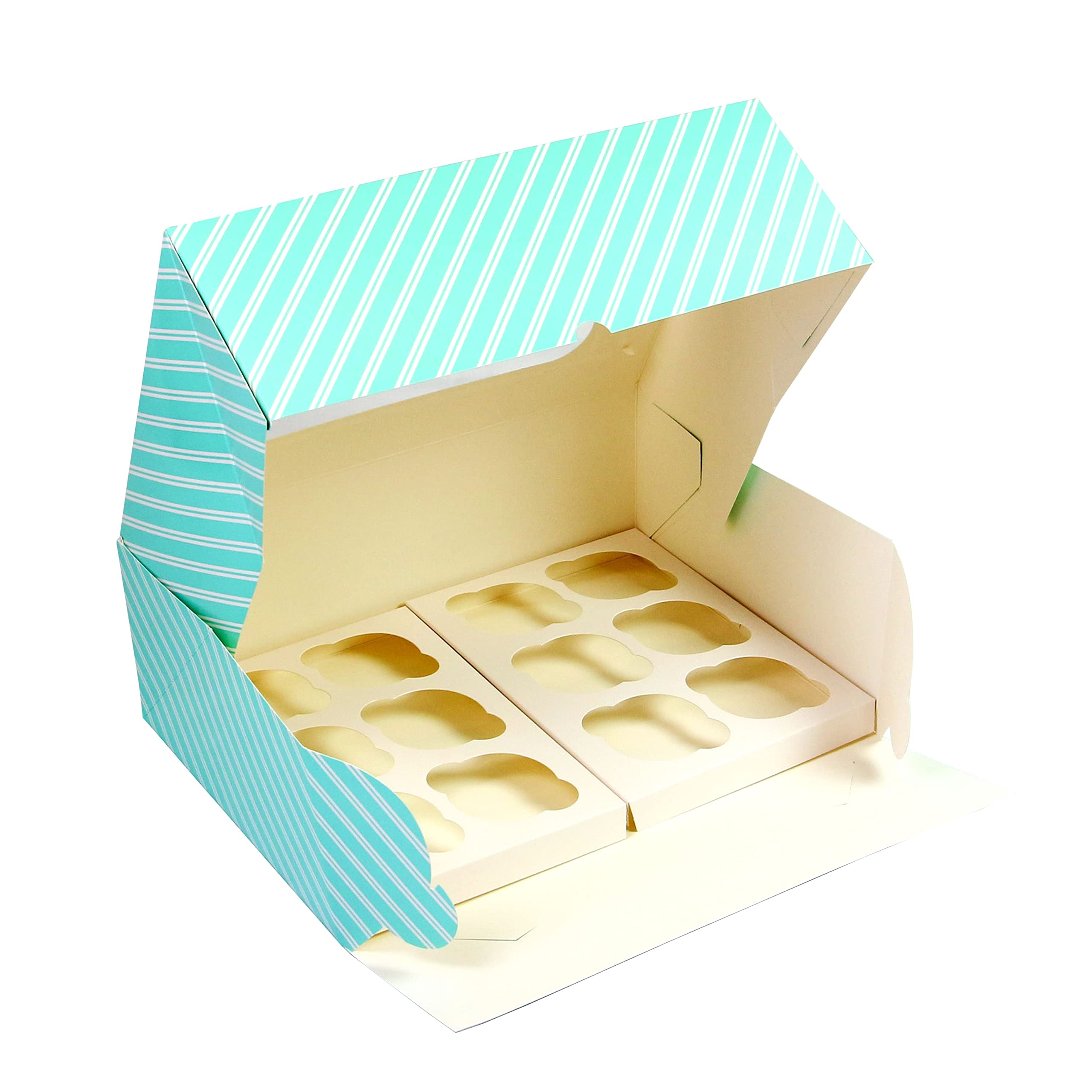 Global Sugar Art Caja de 12 cupcakes con ventana e inserciones para cupcakes, diseño de rayas azules de 14 x 10 x 4 pulgadas, 5 unidades