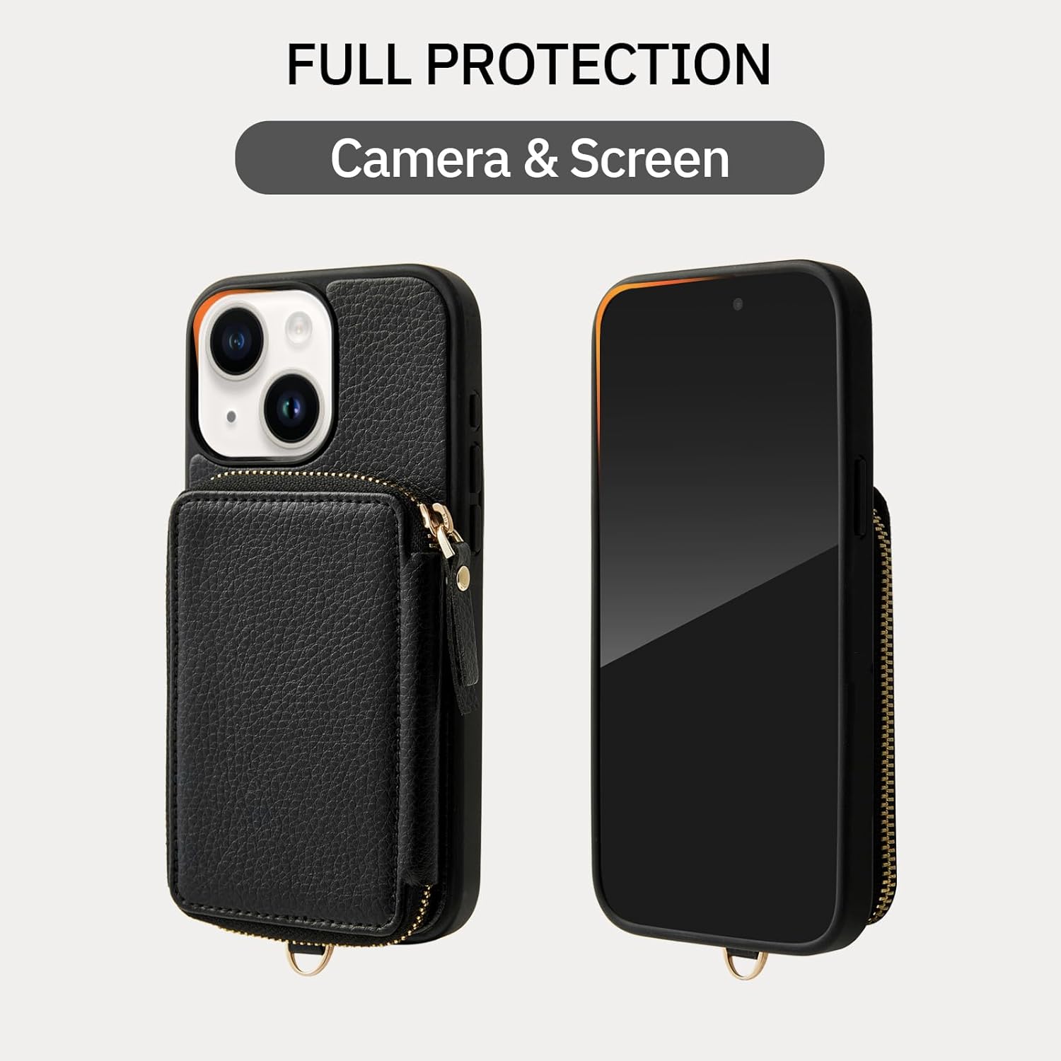 ZVE for iPhone 13/14 Wallet Case with Wrist Strap, Zipper Case with RFID Blocking Card Holder, Leather Handbag Cover for Women Case Compatible with iPhone 13/14, 6.1"(2022) - Black