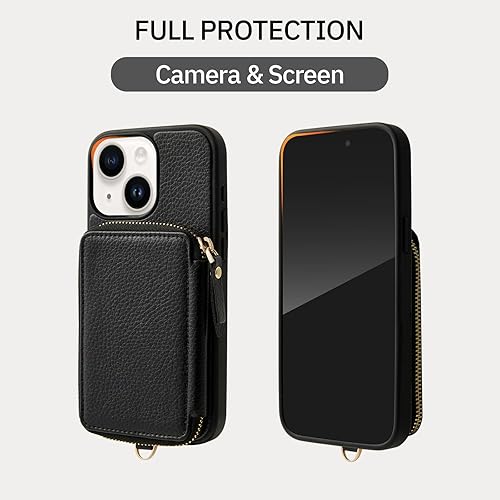 Miniatura 7 de ZVE Funda tipo cartera para iPhone 13 con pulsera, funda de cuero con cremallera con ranuras para tarjetas con bloqueo RFID tipo monedero, funda