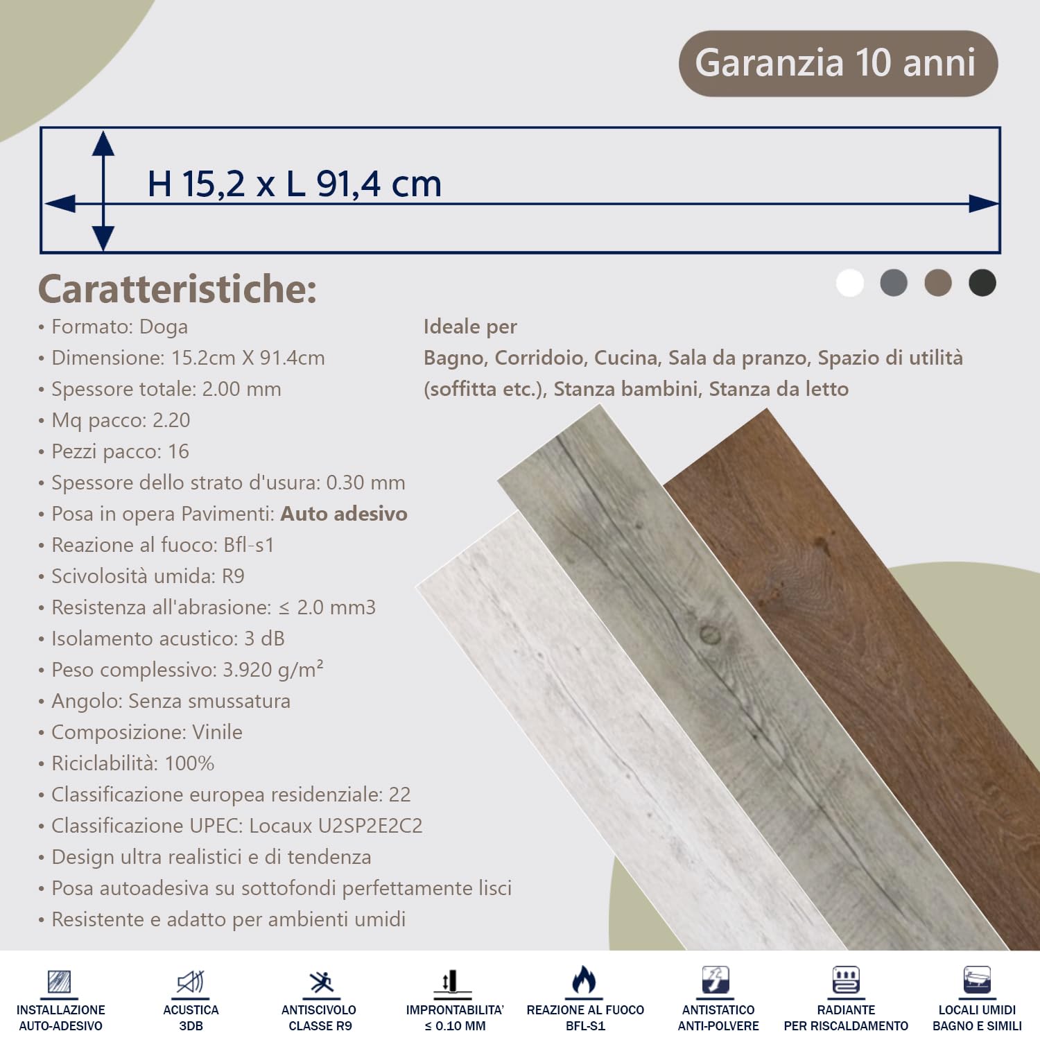 MASTERBRICO Pavimento PVC Adesivo Effetto Legno - Listoni 15,2 x 91,4 cm - Spessore 2.0 mm, Finto Parquet Laminato per Interni - Impermeabile, Facile da Installare - Confezione 2.20mq