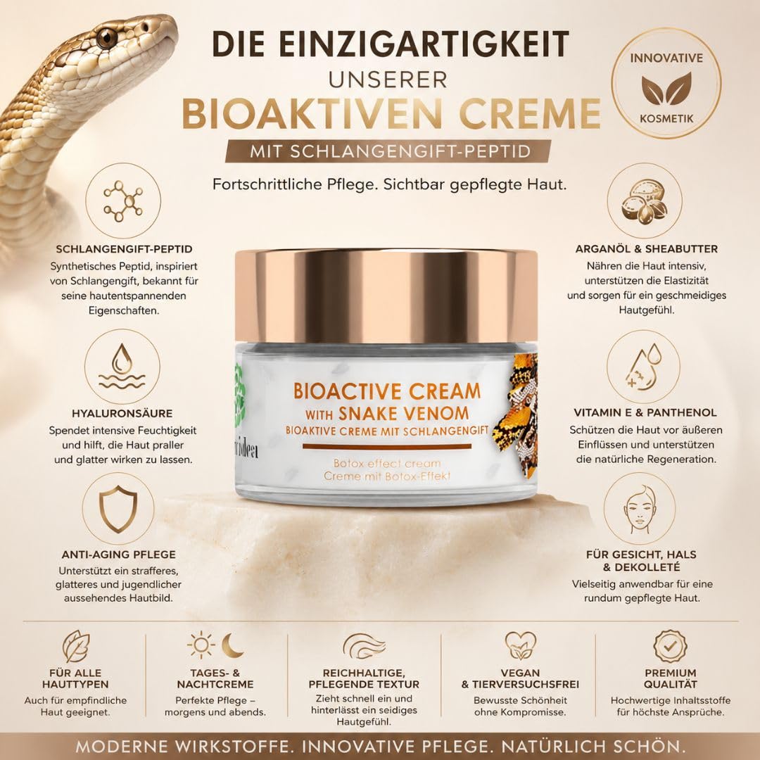 Green idea Schlangengift Gesichtscreme mit Hyaluron & Arganöl – Peptide Creme Straffende Anti Aging für reife Haut – Feuchtigkeitsspendende Gesichtspflege - Gesicht, Hals & Dekolleté – 50 ml