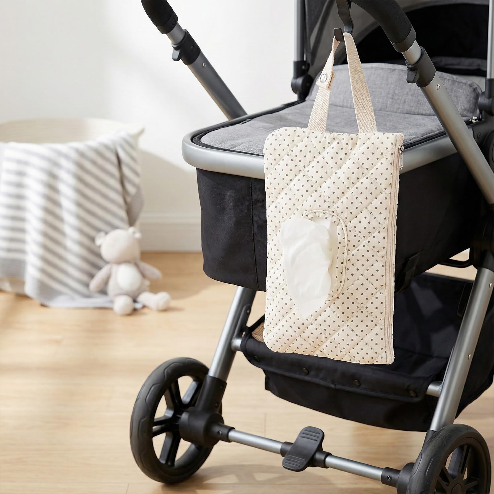 Quilted Baby Wipe Holder, Canvas Floral Quilted Pouch with Hanging Strap, Portable Diaper Wipe Holder for Travel Stroller-Polka Dots - 5