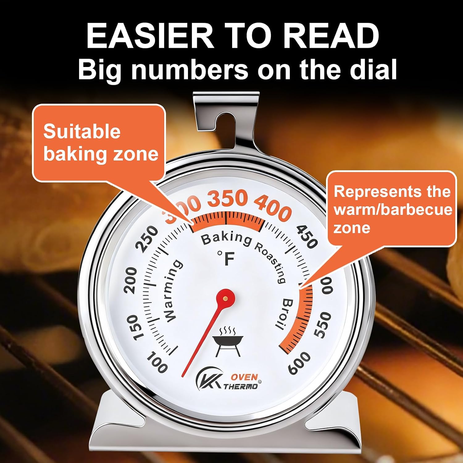 Oven Thermometer 3-Inch Large Dial, 100-600°F, Hook & Stand