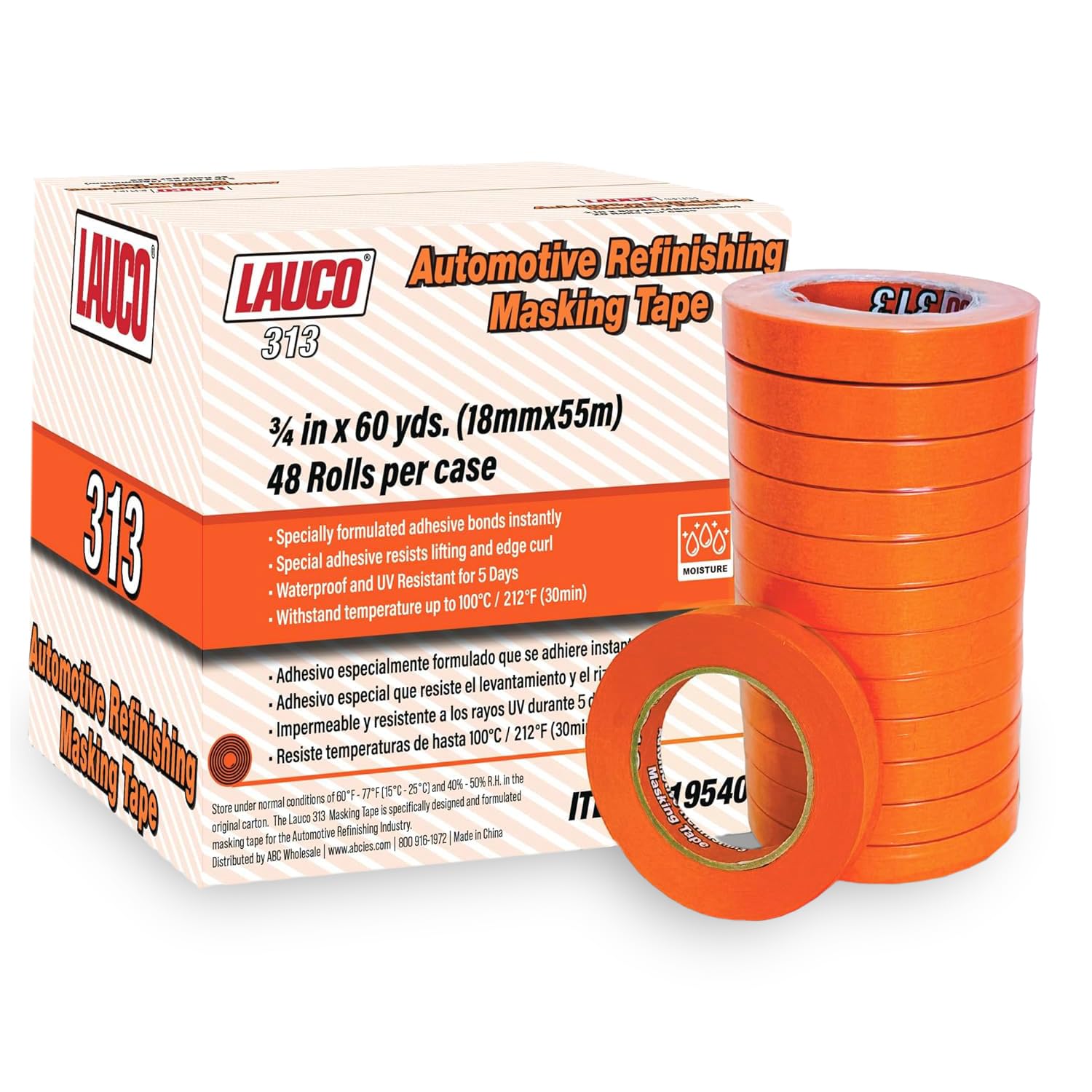 LAUCO Orange Automotive Refinishing Masking Tape 0.75 in x 60 yd (48 Rolls) – Autobody Painters Tape, UV, Moisture & Heat Resistant, No Residue, Multi-Purpose Bulk
