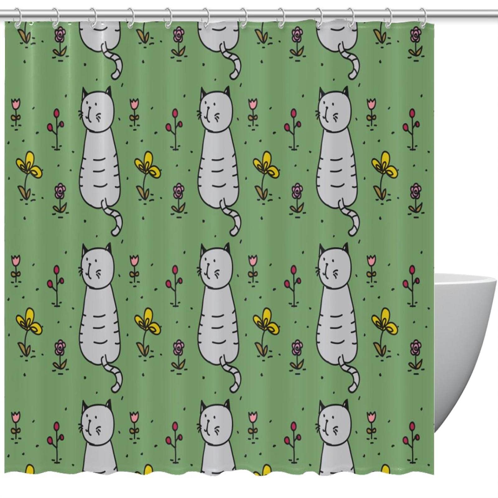Rideau de douche chat gris avec crochets pour salle de bain enfant