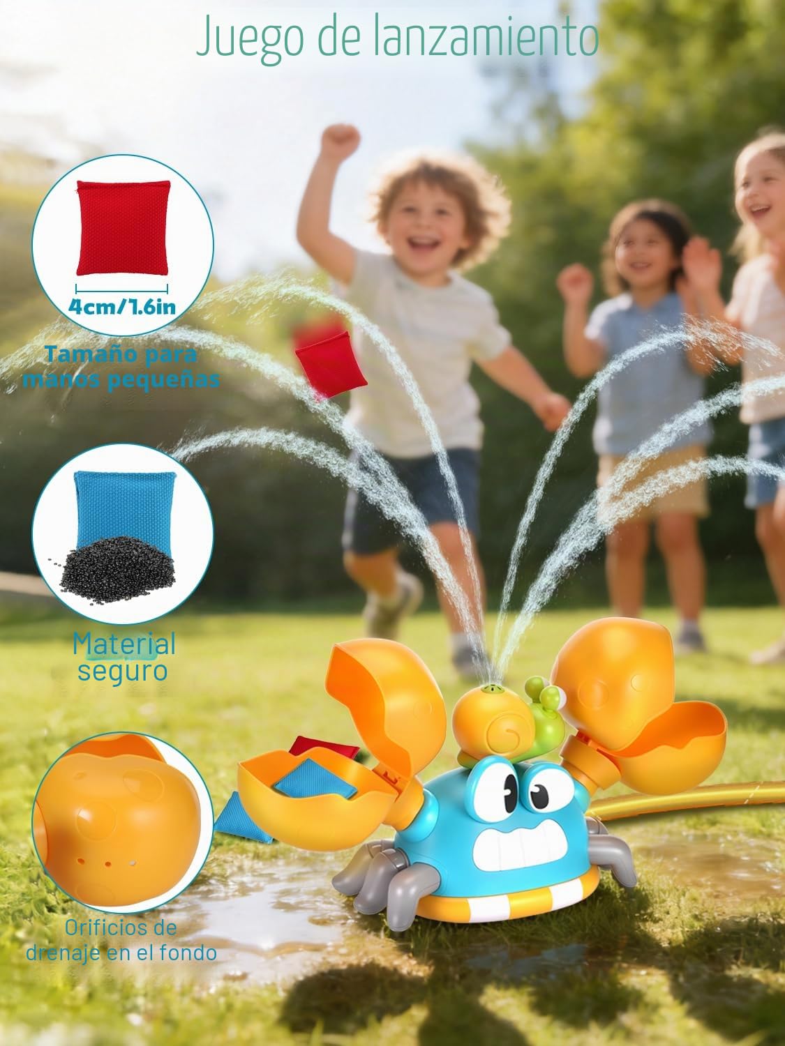 3-en-1 Juegos de Agua para Niños Exterior, Juguete de Aspersores Forma de Cangrejo con Juego de Lanzar Tela y Atrapar Pelota, Juguetes Verano para 3 4 5 6 7 8 9Años, Regalo creativo para Niños y Niñas