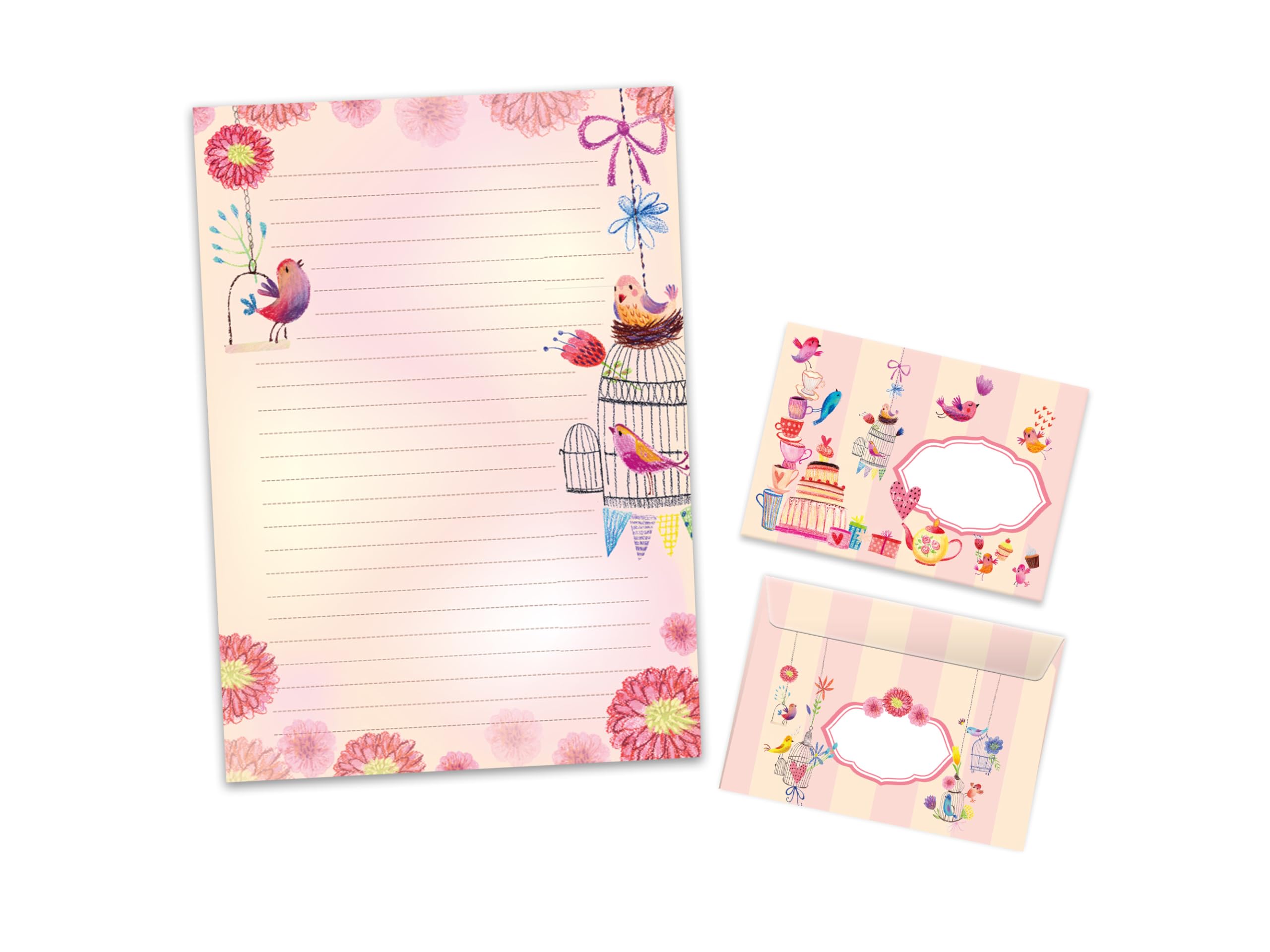 Writing Paper Set Letter Pad with Envelope for Boys Girls Kids Bird Flowers (A4 Pad with 25 Sheets + 15 Envelopes)