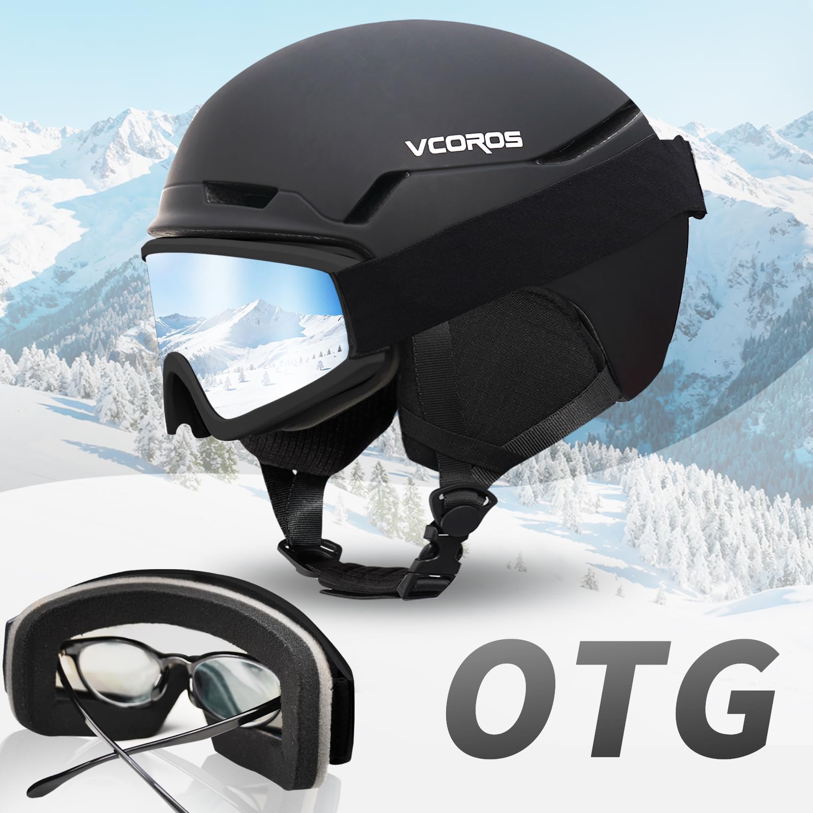 Casco de Esquí Kit con Gafas de Esquí, Capucha Transpirable UV, Orejeras Extraíbles para Hombre Mujer