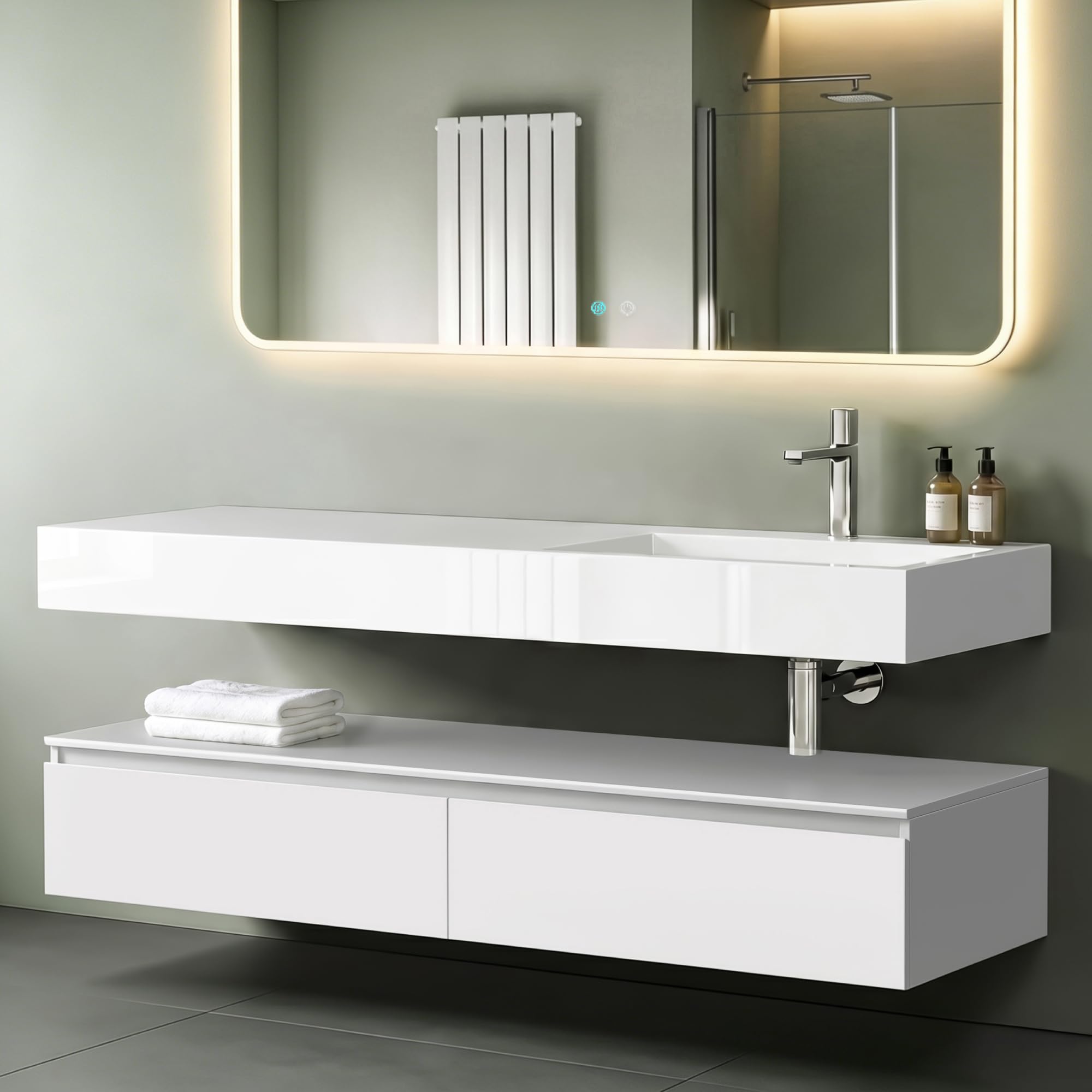 Mai & Mai Mobile Bagno Sospeso Lavabo Bianco, Larghezza: 150cm | Mobile da Bagno, Cassetti a Chiusura Soft-Close, Up