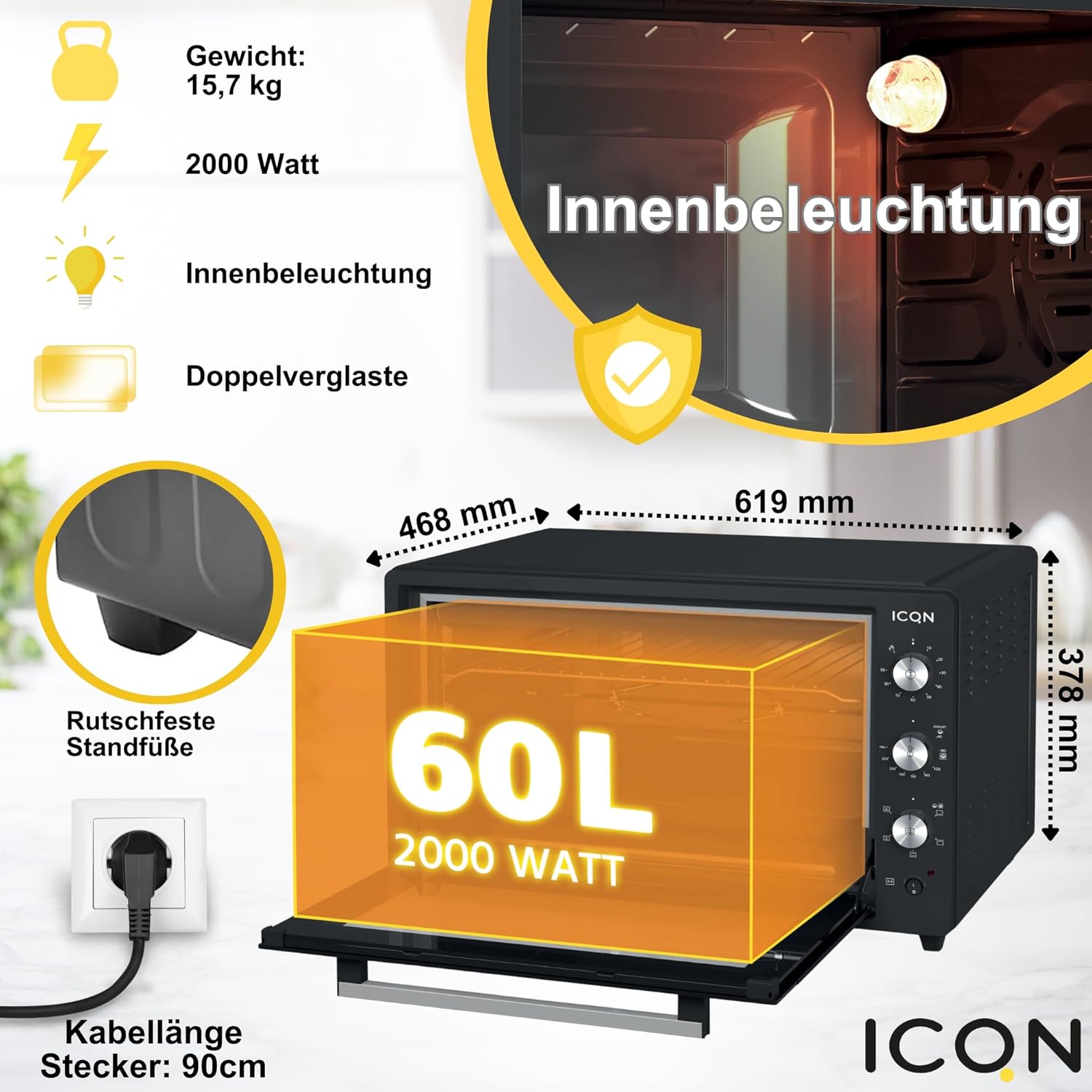 Diagram showing dimensions, weight, power, interior light, double glazing, non-slip feet, and cable length of the ICQN Mini Electric Oven