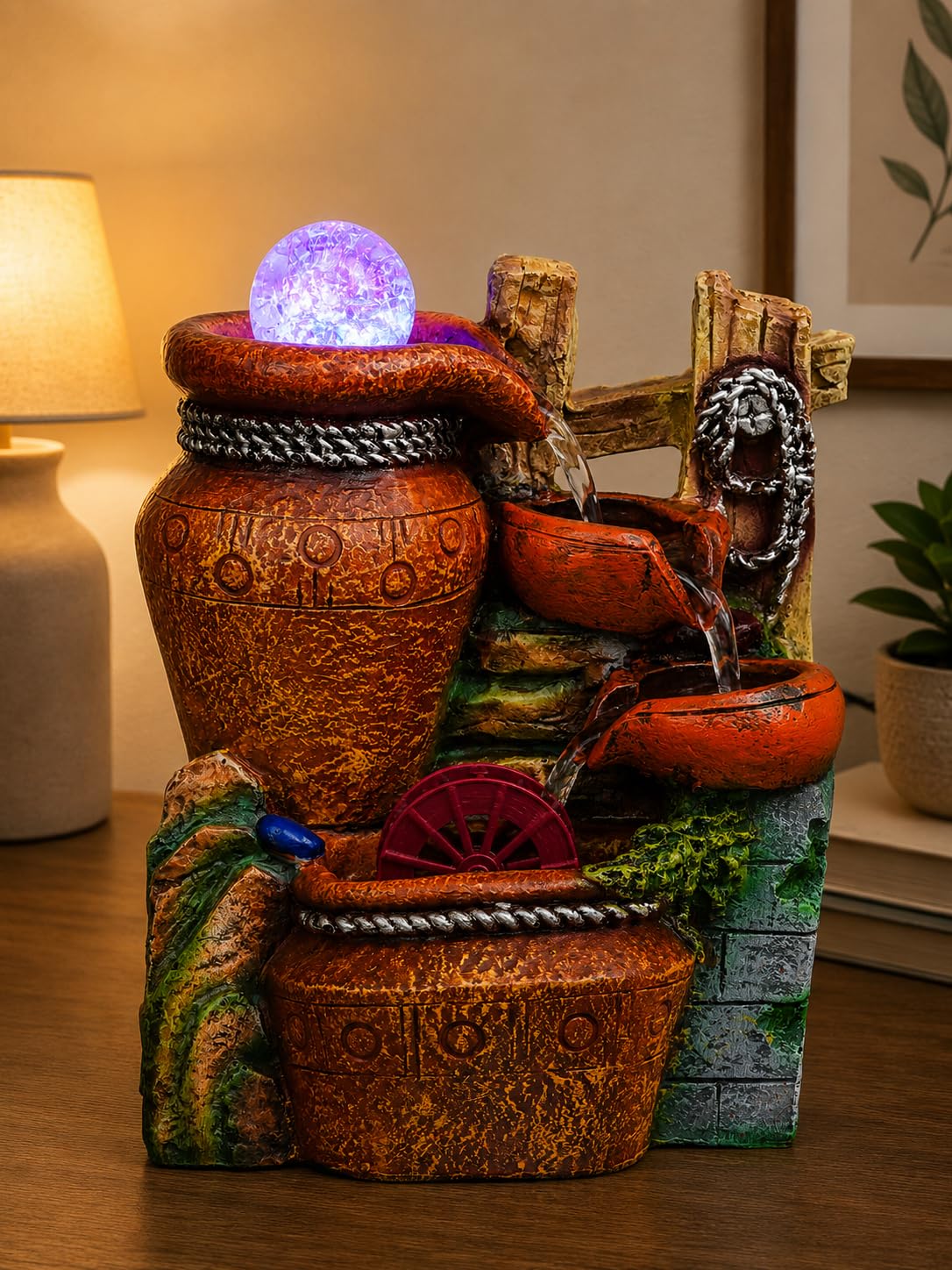 CHRONIKLE Polyresin Matka Design Tabletop 3 Steps Indoor Water Fountain for Home Decor with LED Light, Speed Controller Pump & Crystal Ball (Size: 15 x 18 x 28CM |Color: Multi | Weight: 920 Gram)-image-34
