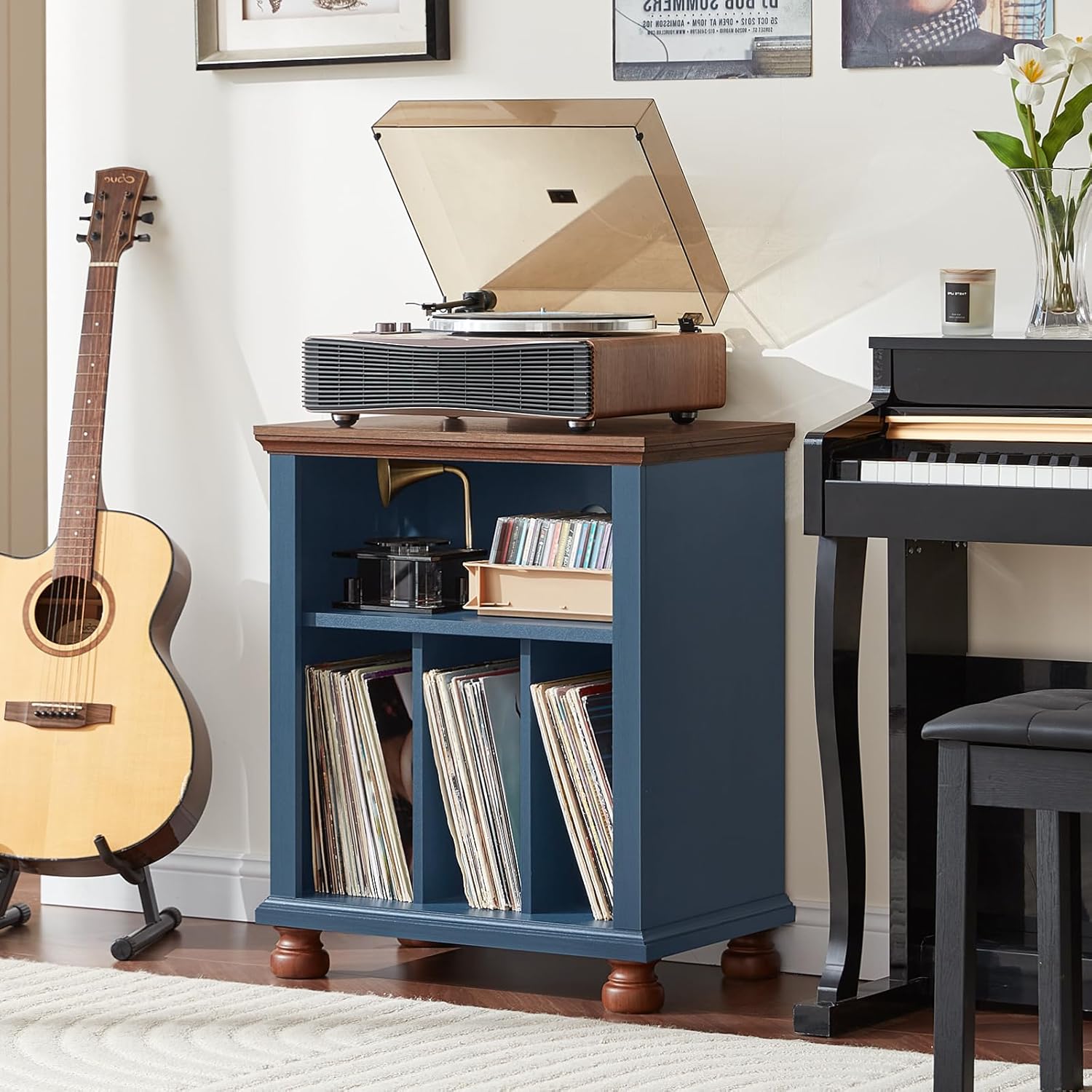 Joaxswe Record Player Stand with Vinyl Record Storage, 24" Wide Mid-Century Record Player Table Up to 200 Albums,Large Wood Turntable Stand Cabinet Dispaly Shelf for Living Room,Bedroom,Blue