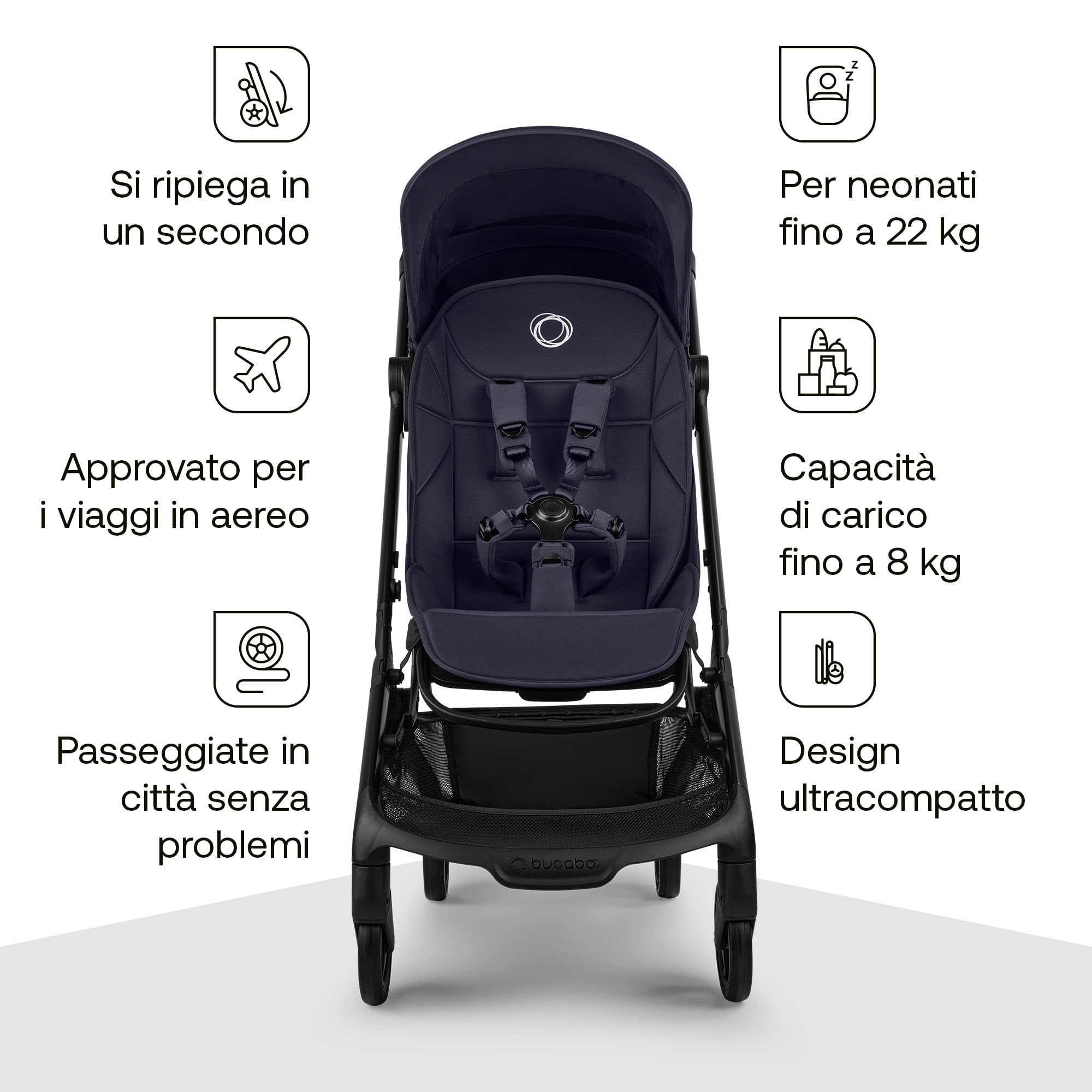 Bugaboo Butterfly 2 Passeggino da Viaggio – Sistemi Modulari con Maniglione e Parapioggia – Leggero, Piegabile con Una Mano, Seduta Reclinabile, Da 6 Mesi a 4 Anni – Deep Indigo