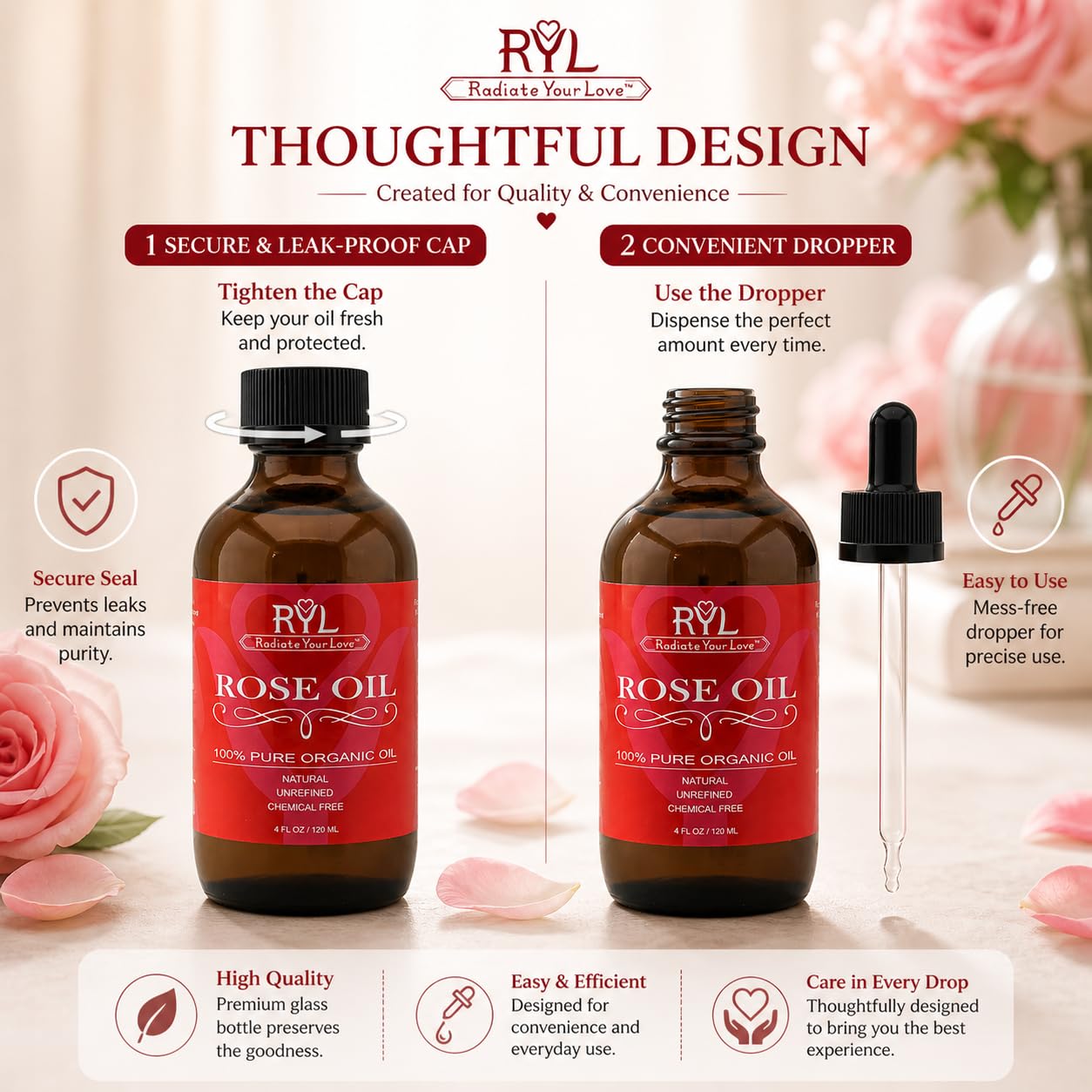 Aceite esencial de rosa 100% puro de grado terapéutico orgánico para aromaterapia, relajación, terapia de la piel, perfumes y difusores