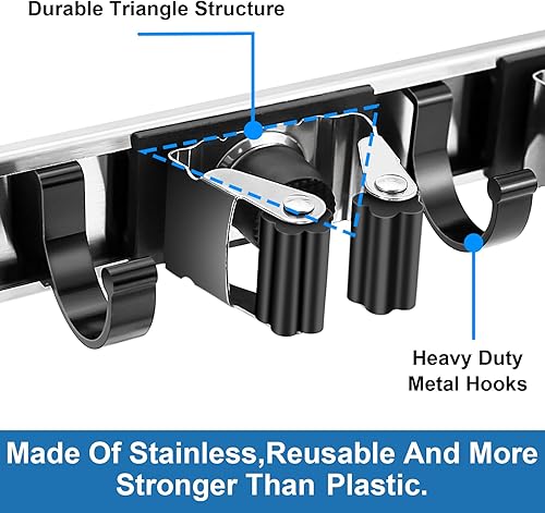 Miniatura 5 de Piyl Soporte de pared para escoba, organizador de metal para almacenamiento de garaje, jardín, cocina, herramientas para el hogar (3 estantes, 4
