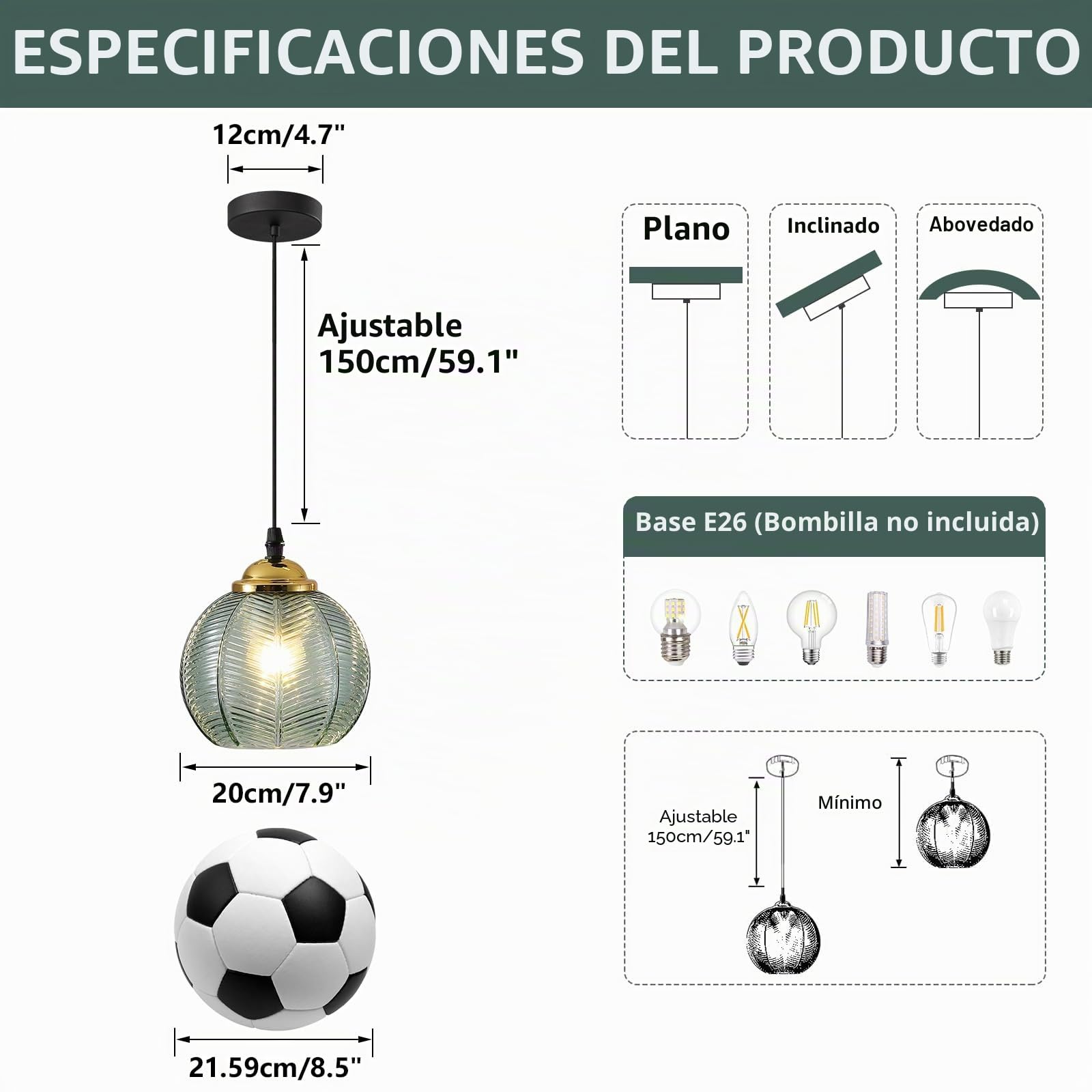 KCO Iluminación Lámpara colgante única de vidrio verde grande Lámpara colgante de globo nórdico con nervaduras para techo Lámpara colgante de araña vintage para comedor y isla de cocina