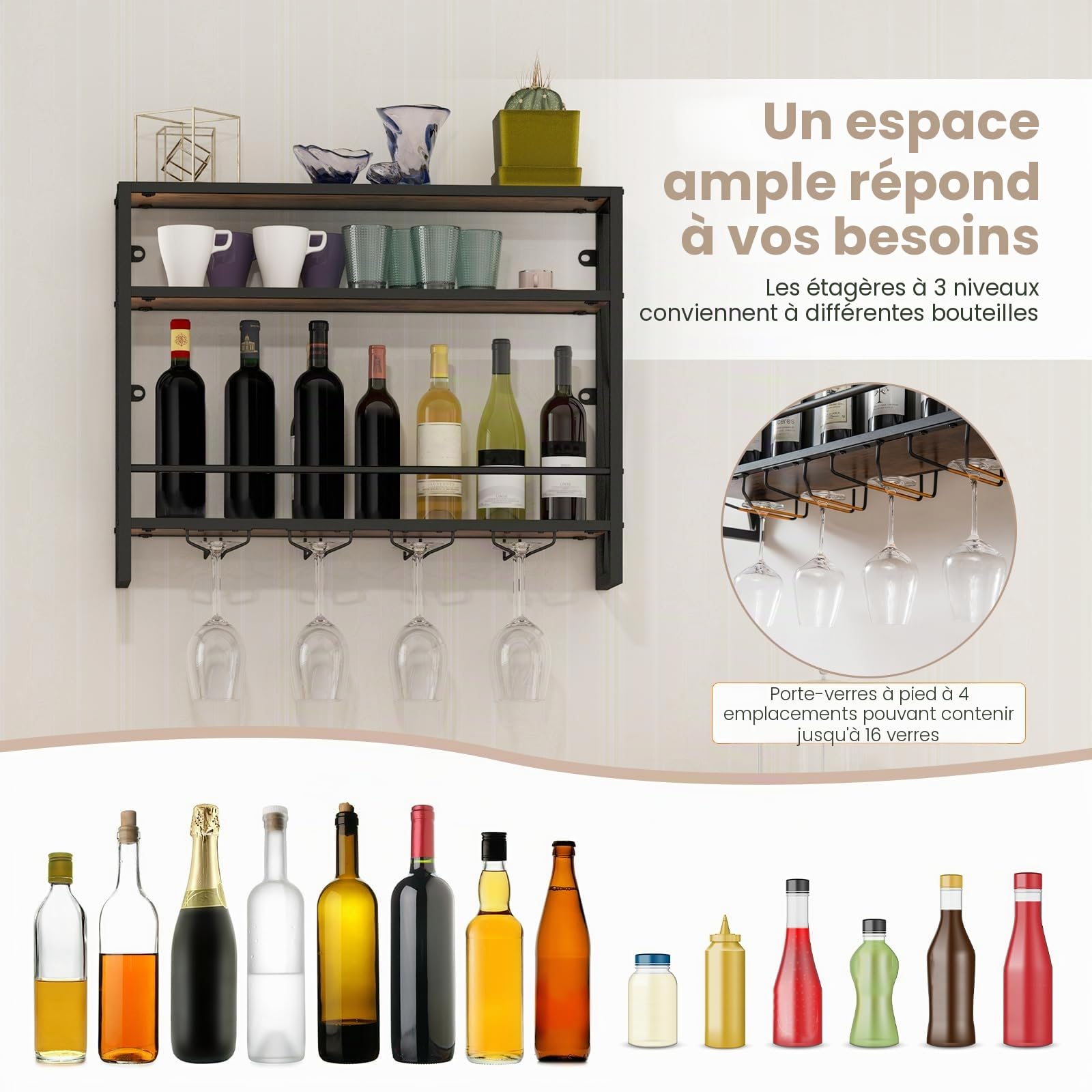 GIANTEX Étagère mural à vin à 3 niveaux avec support en verre - Étagère en bois et métal - Industrielle flottante pour cuisine, maison - 80 x 20 x 63 cm