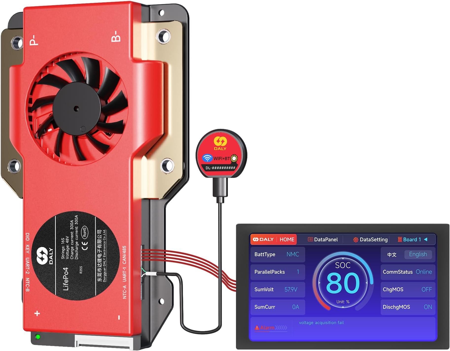 BMS 48V 16S 300A Display - Smart BMS with 4.3 Inch LCD Touch Screen WiFi Bluetooth Module Supports RS485 CAN for 48V LiFePO4 Golf Carts Electric Outboard Motors Solar Energy Power Systems