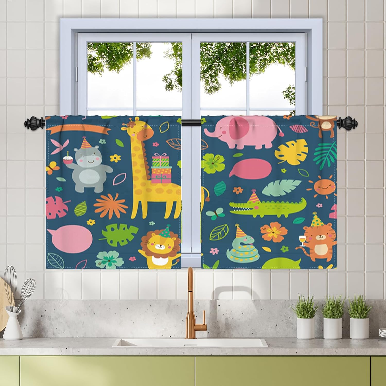 Renaiss 26 x 36 Inch Safari Animals Kitchen Tier Curtains Rod Pocket Blackout Curtains Giraffe Lion Tiger Heavy Linen Curtains Cafe RV Camper Dining Room Light Filter Short Window Curtains 2 Panels