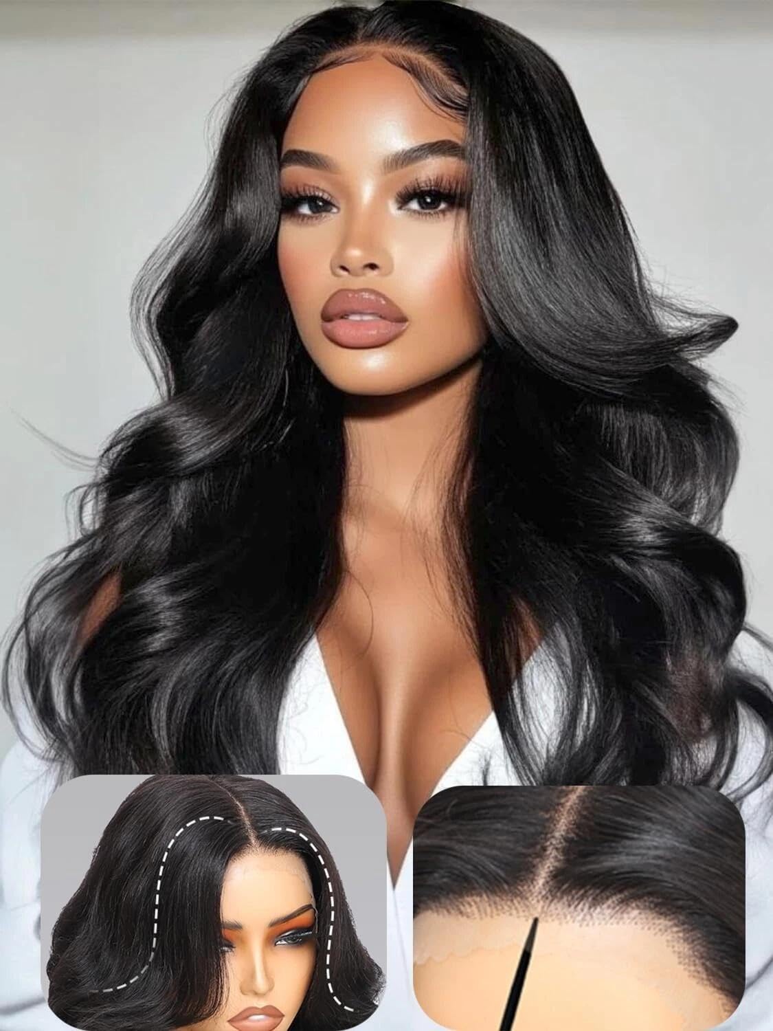 Body Wave Glueless Wigs for Women human Hair Wear and Go Glueless Long wig Pre Cut lace 4x4 Front Wigs for Black Women 100% Brazilian Real Hair 180 Density Natural Black Wig 18 Inch
