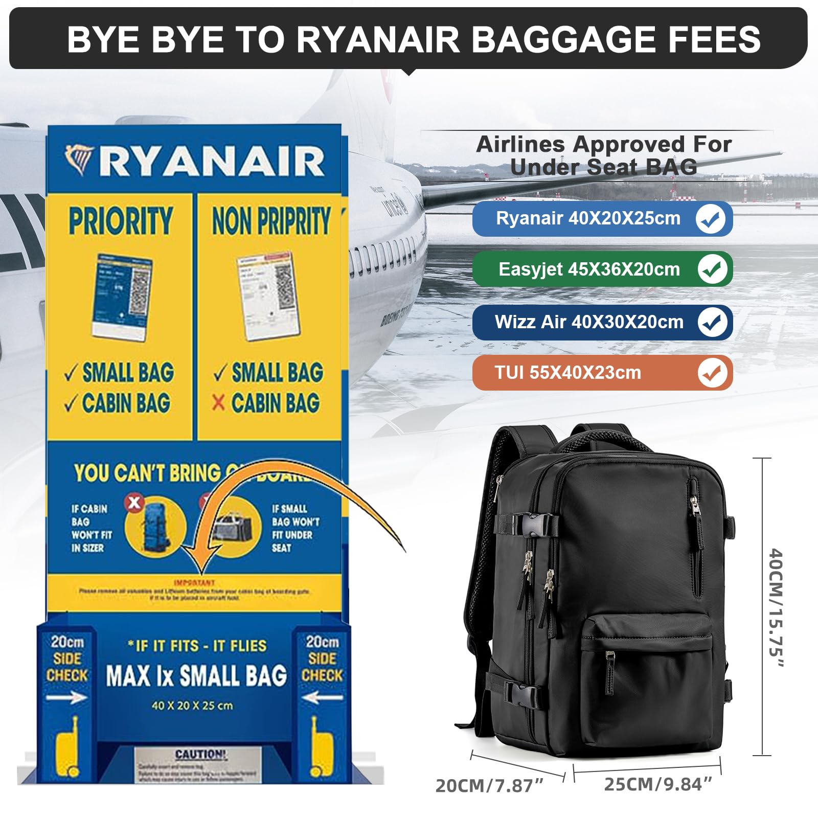 Zaino da Viaggio per Ryanair 40x20x25 Bagaglio a Mano Zaino Borse da Cabina per Ryanair Il Sedile Zaino Aereo Bagaglio a Mano Donna Borsa Cabina Viaggio Zaino Travel Viaggio Casual Daypack,X1-Nero