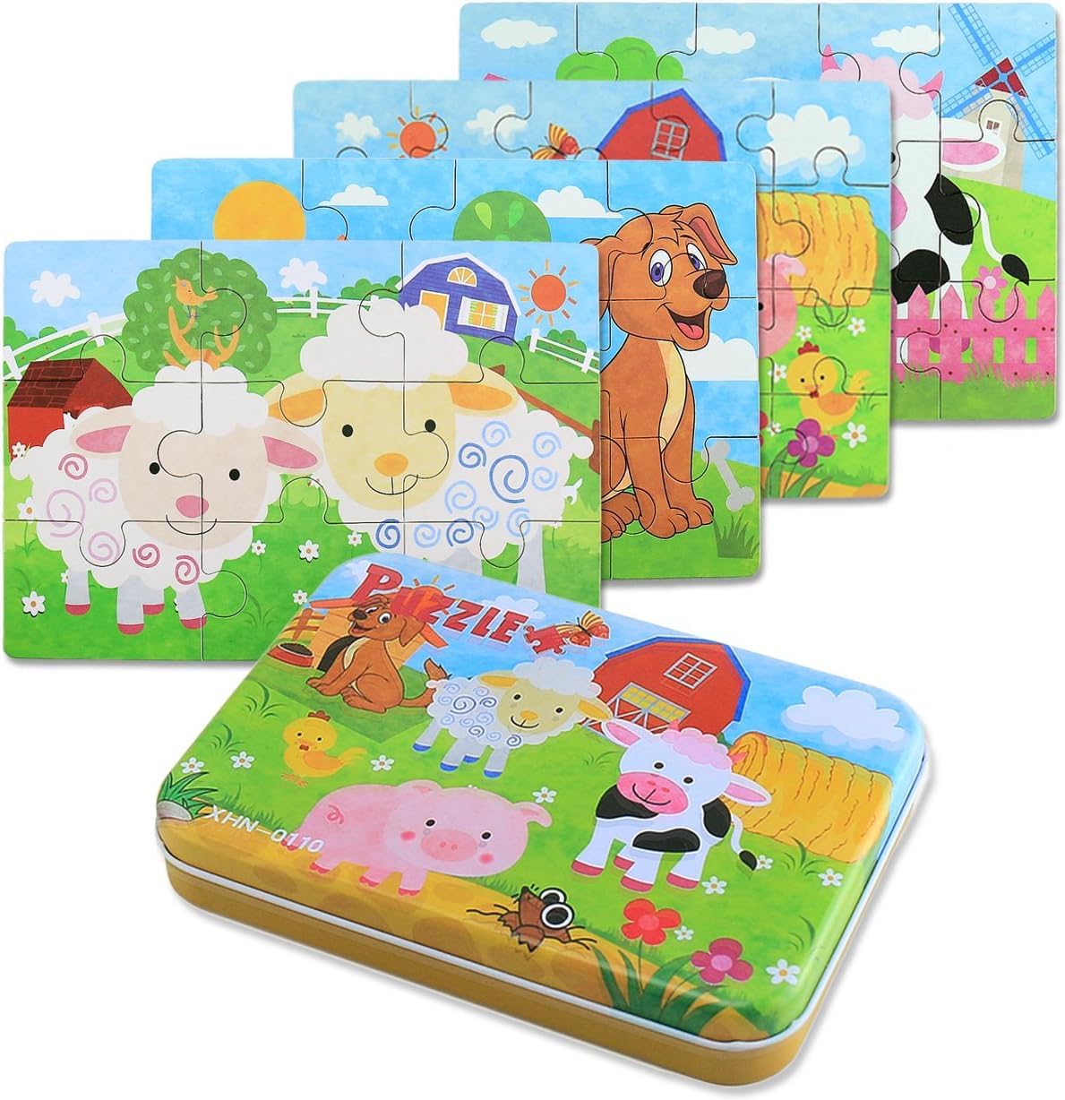 TINY TOYS CO 4 In 1 Wooden Zigsaw Puzzles In Keep Safe Iron Box For Kids Toddlers Boys Girls 2-8Yrs (Farm Animals) (B0CGVKWC82) Amazon Price History, Amazon Price Tracker