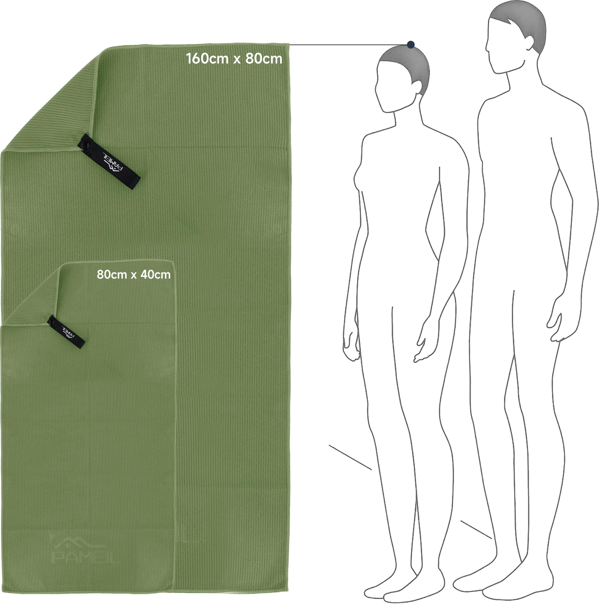 Pameil Toalla Gimnasio Juego de 2 (Toalla Microfibra 160x80 cm + Toalla Pequeña 80x40 cm), Compactas y de Secado Rápido-Toallas Gimnasio Deportes y Fitness (Verde Militar)