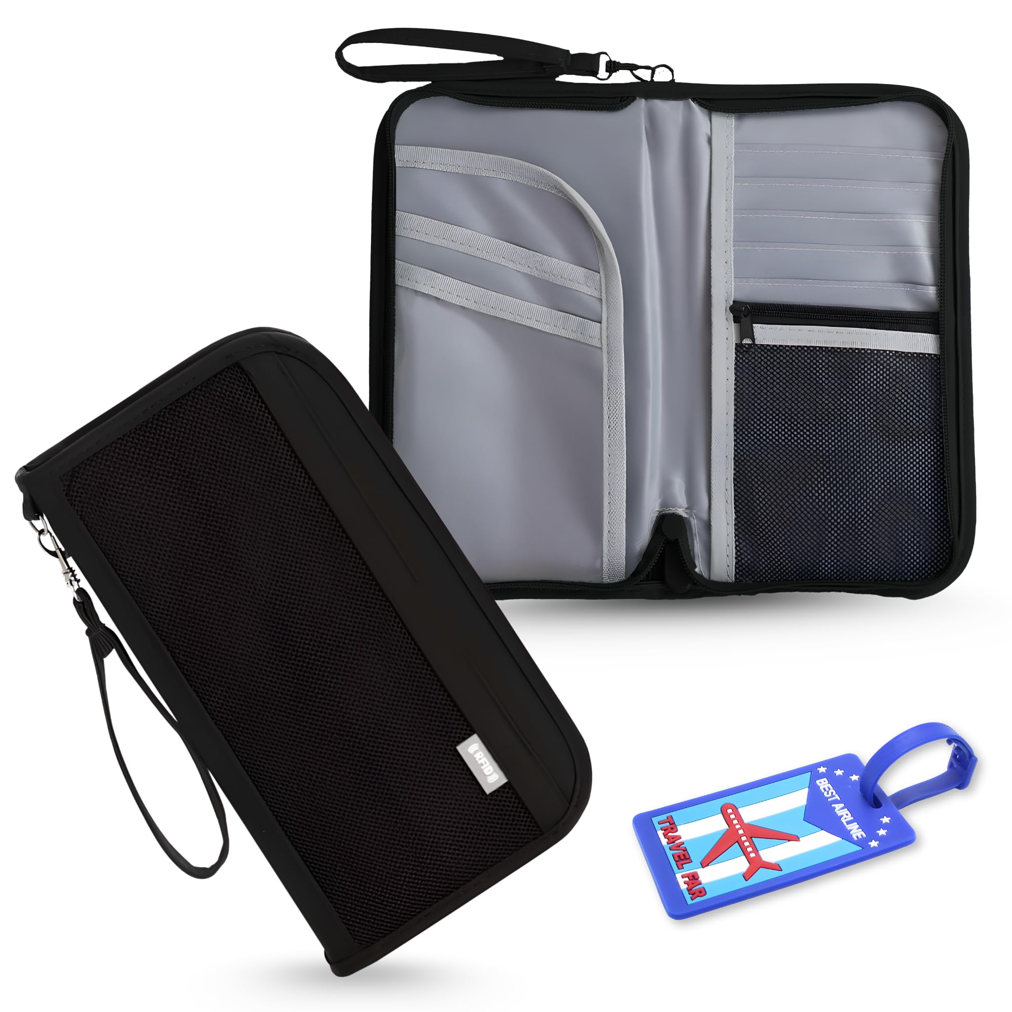 RFID Blocking Passport Holder for Travel with Luggage Tag, Passport Cover for Men & Women, Passport Pouch for Ticket, Cards, Documents - 25 x 14 x 3 Cm - Black