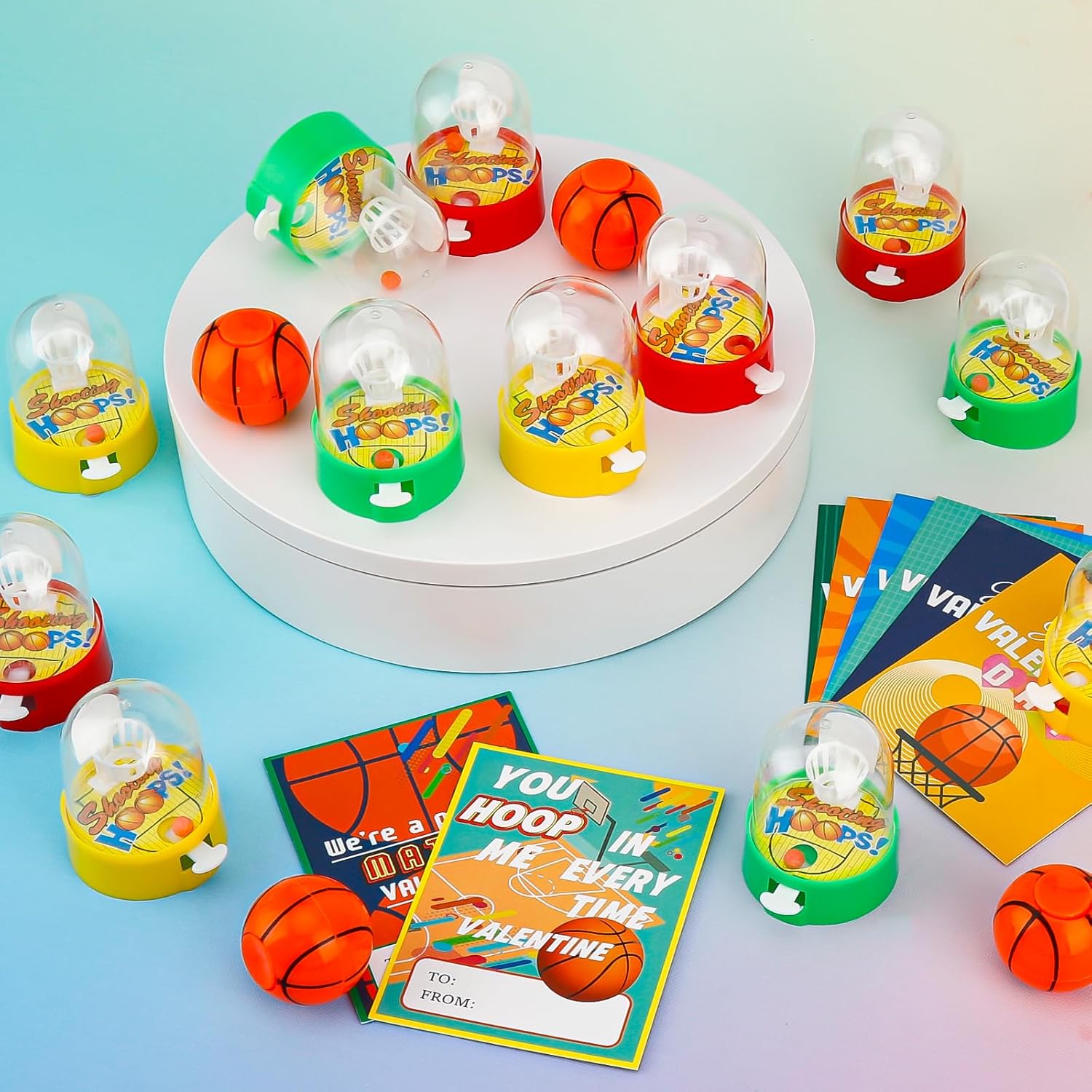 30 Valentines Day Cards with Mini Basketball Shooting Games, Classroom Exchange Gift Set for Kids, Sports-Themed Pun Cards for Boys & Girls, Fun Basket Toys for School Parties