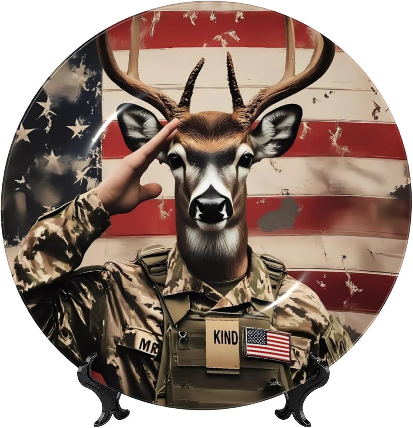 Decorative Plate Ceramic Plate for Wall Hanging 10in Accent Plate for Office Living Room Hallway Table Decor - Patriotic Deer Soldier Salute
