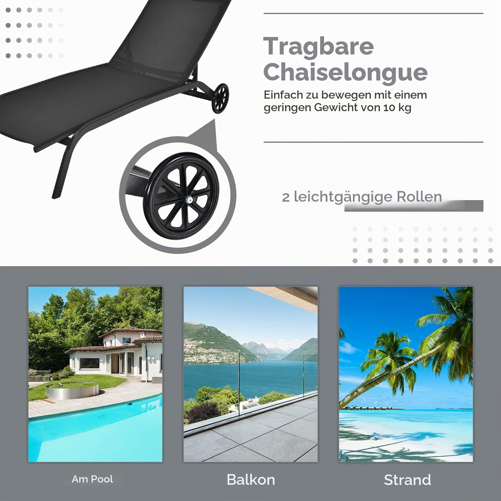 GIANTEX Sonnenliege, Gartenliege mit Rollen, Liegestuhl mit 6-Fach Verstellbarer Rückenlehne, Outdoor Liege für Garten, Balkon & Pool, belastbar bis 150kg, 191 x 61 cm (ohne Sonnendach, Schwarz)