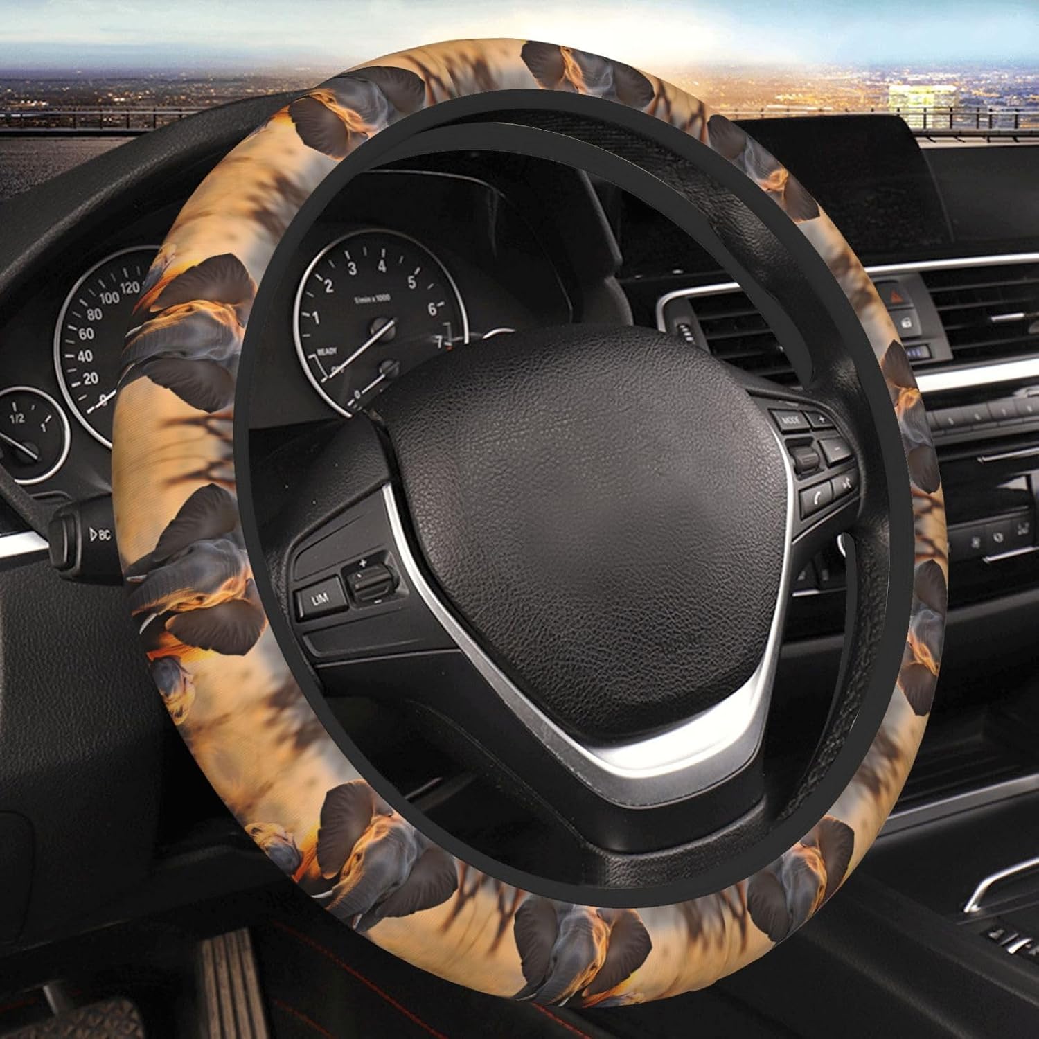 Car Elastic Steering Wheel Cover Universal 15 Inch Vehicle Stretch Steering Wheel Cover Protector Cute Elephant Baby and mom Auto Protective Cover Novelty Car Interior Accessories for Men Women