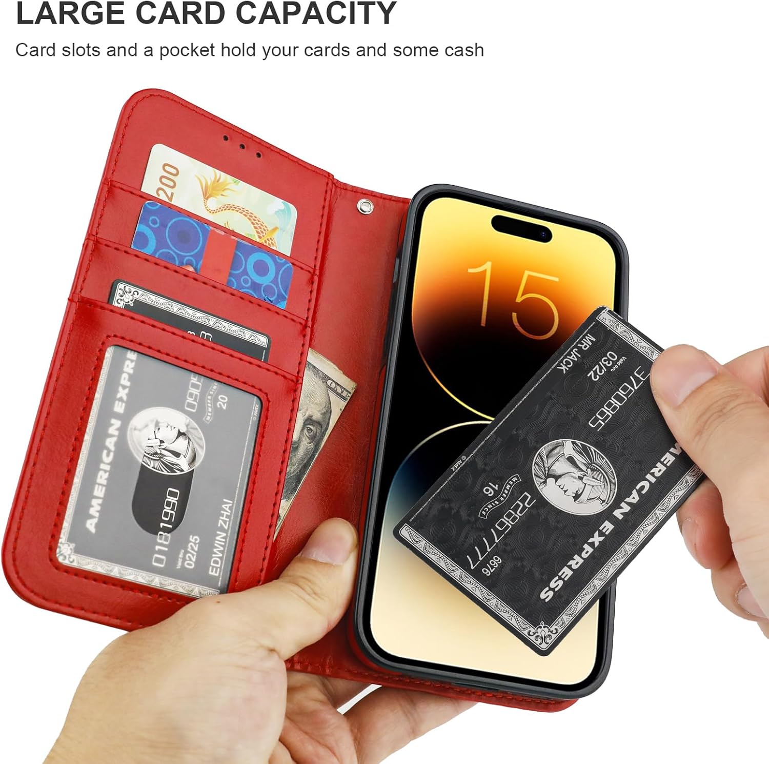 Bocasal Detachable Wallet Case for iPhone 15 Plus RFID Blocking Card Slots Holder Premium PU Leather Magnetic Kickstand Shockproof Wrist Strap Removable Flip Protective Cover 5G 6.7 inch (Red)