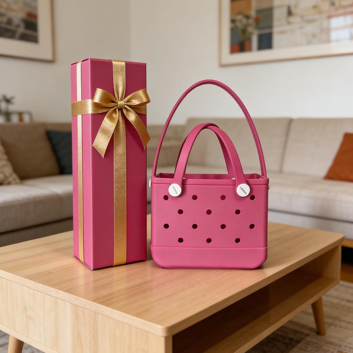 Small Rubber Tote Bag for Women, EVA Beach Bag with Detachable Shoulder Strap, Lightweight Durable Mini Travel Tote