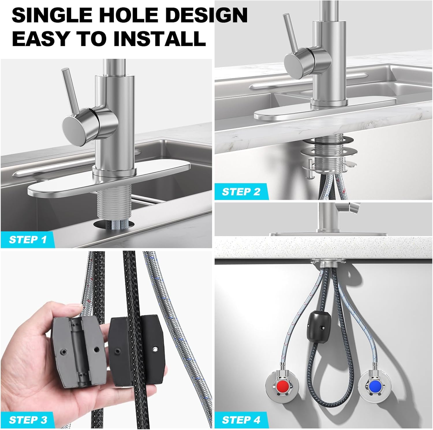 Brushed Nickel Kitchen Faucets with Pull Down Sprayer & Soap Dispenser, Single Hole & Handle, Pull Out Tap, Waterfall Stainless Steel Sink Faucet for Farmhouse Camper Laundry Rv Bar - Image 9