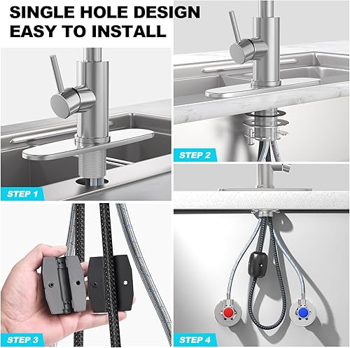 Miniatura 53 de Grifos de cocina de níquel cepillado con rociador desplegable y dispensador de jabón, un solo orificio y mango, grifo extraíble, grifo de fregadero