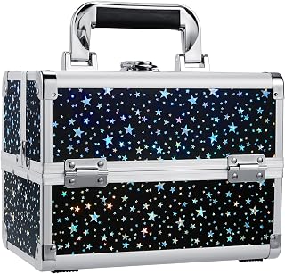 Yueieoun Makeup Train Case Travel Makeup Organizer Case 2 Trays Cosmetic Storage Box with Mirror for Makeup Supplies Nail Tech Sewing Portable Makeup Box Shiny Star