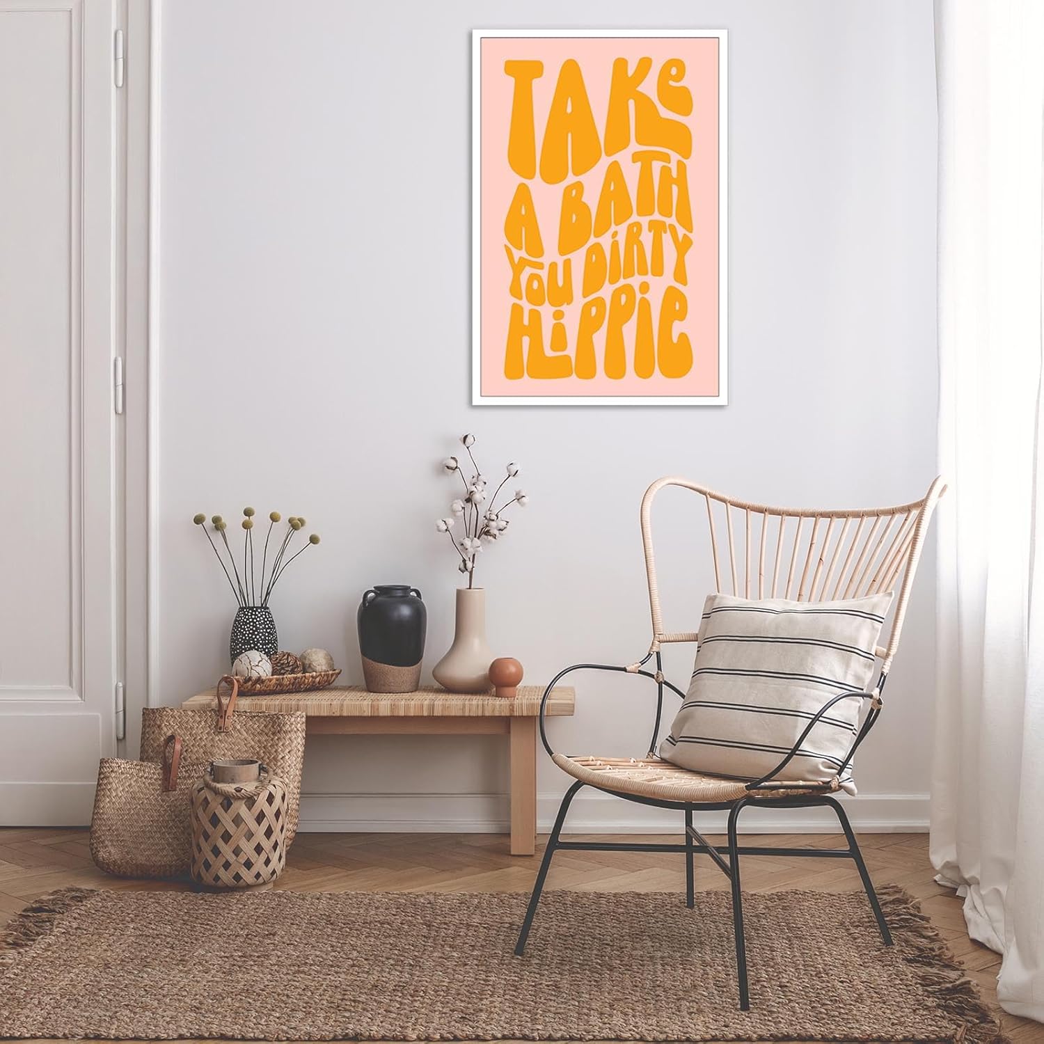 KFDJIG Simple Take A Bath You Dirty Hippie Canvas Wall Art Pink Orange Color Fashion Poster Fun Bathroom Wall Art Fun Fonts Wall Decor Suitable For Bathroom 24x36in Unframed