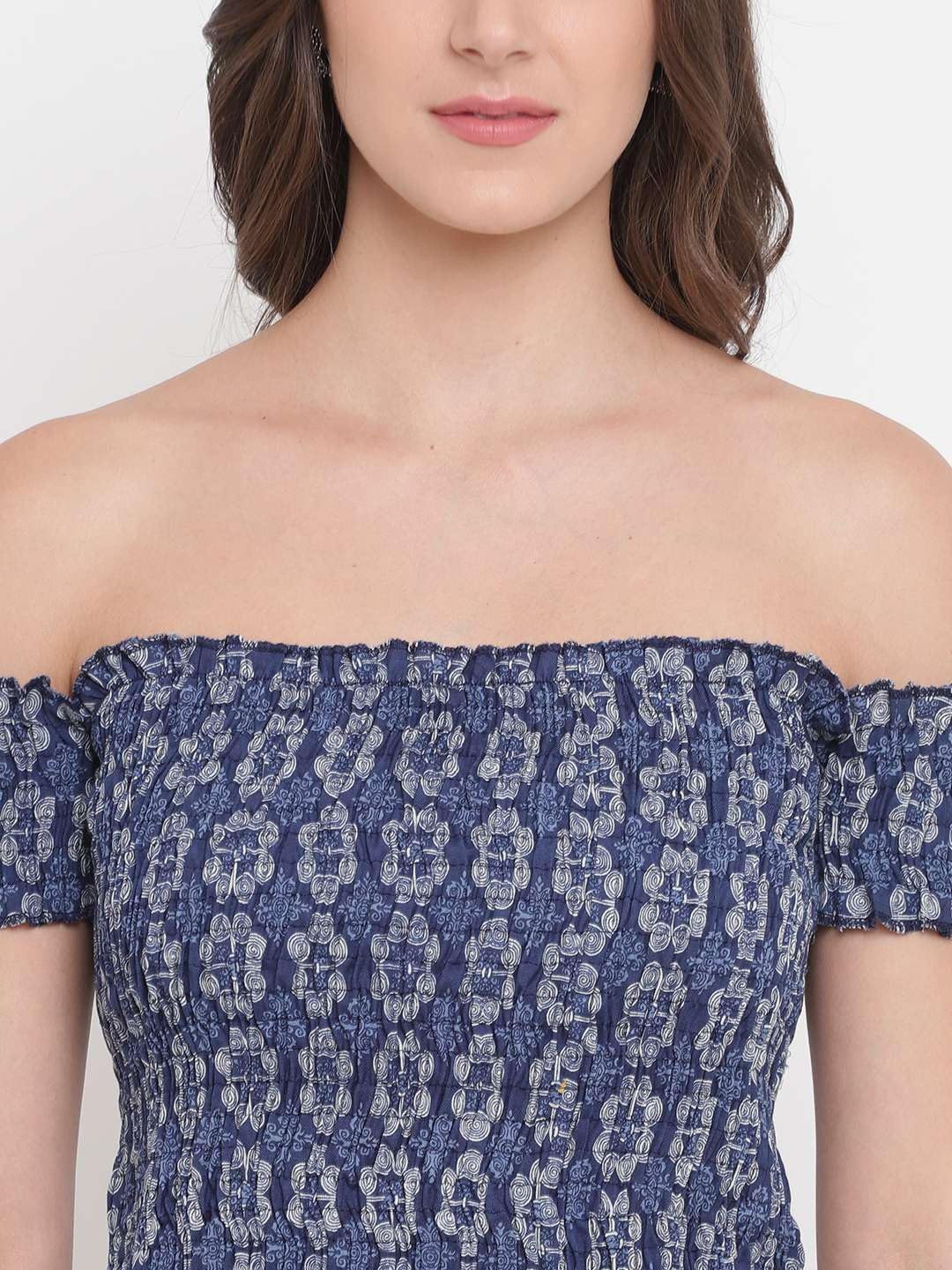 Zenvy Crafts Women's Rayon Printed Off-Shoulder Smocked Crop Top Short Sleeve Casual Styles Tank Top (Free Size) Multi42