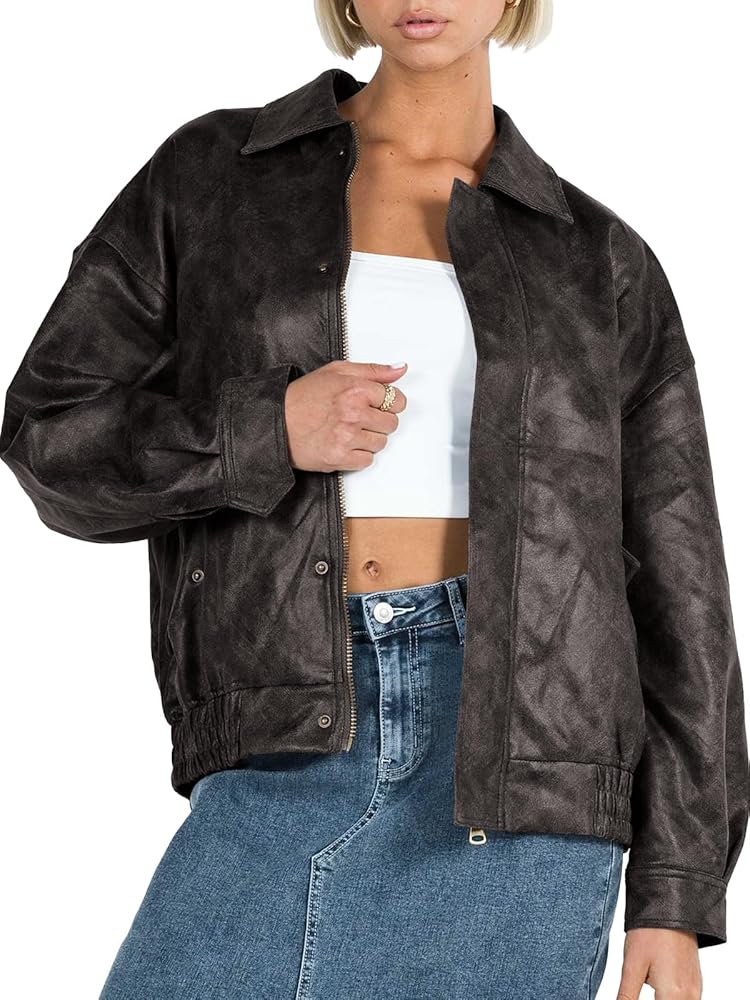 Tankaneo Womens Oversized Leather Jackets Trendy Zip up Bomber