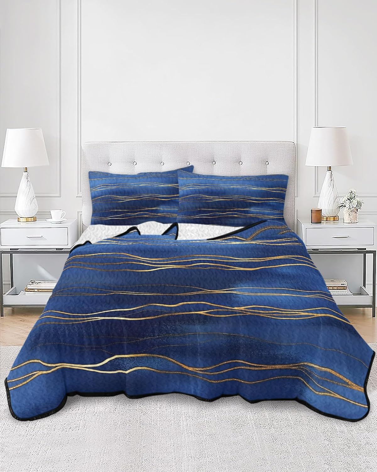 Queen Size Quilt Set, Abstract Deep Blue Sea Golden Line Lightweight Bedspread Coverlet Set Soft Microfiber Summer Quilt with 2 Pillow Shams, Modern Marble Texture 3 Piece Comforter Bedding Set