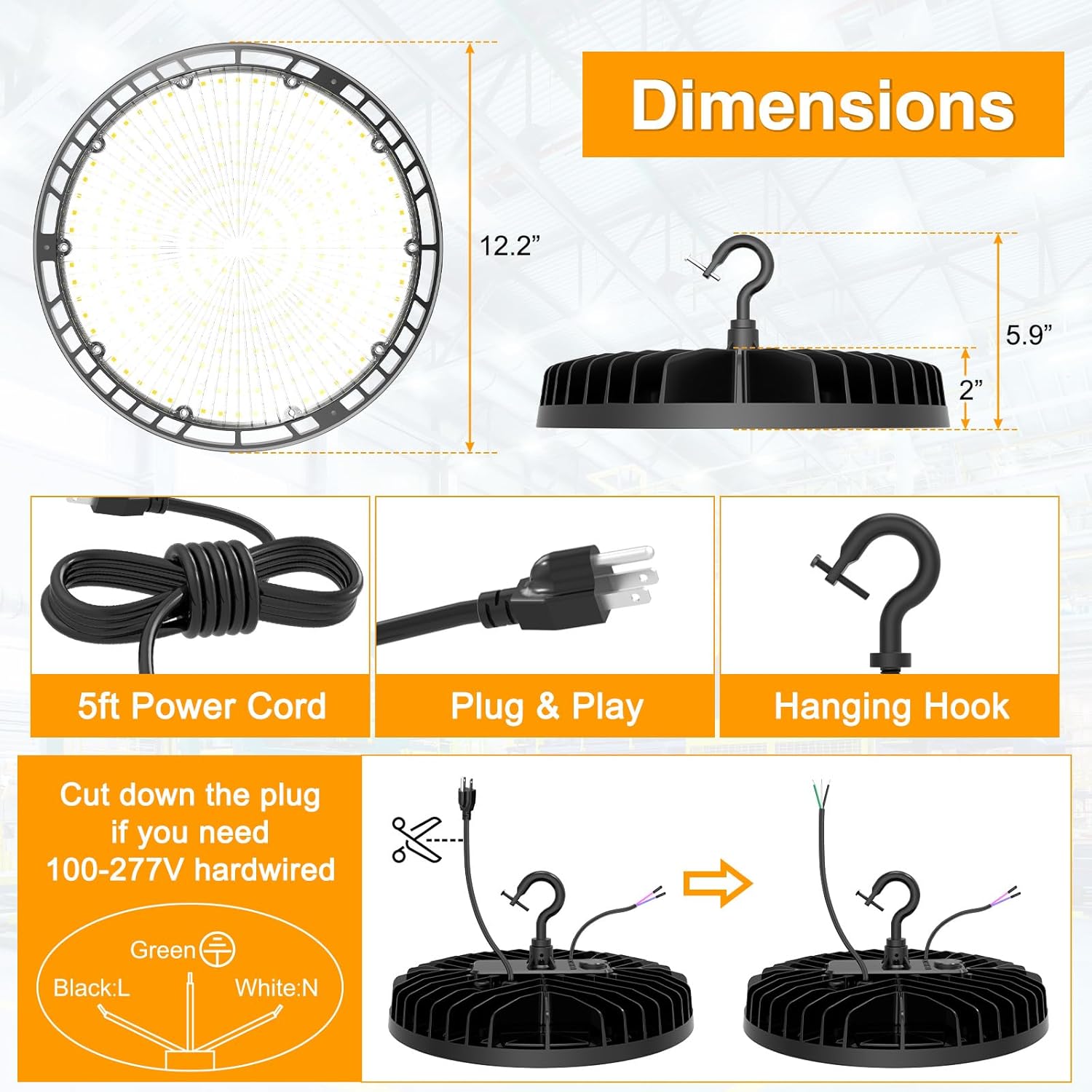UFO LED High Bay Light 240W/190W/140W Adjustable Low Bay LED Shop Lights 4500K/5000K/5700K Adjustable, ETL Listed Dimmable Warehouse Lighting Fixture AC100-277V