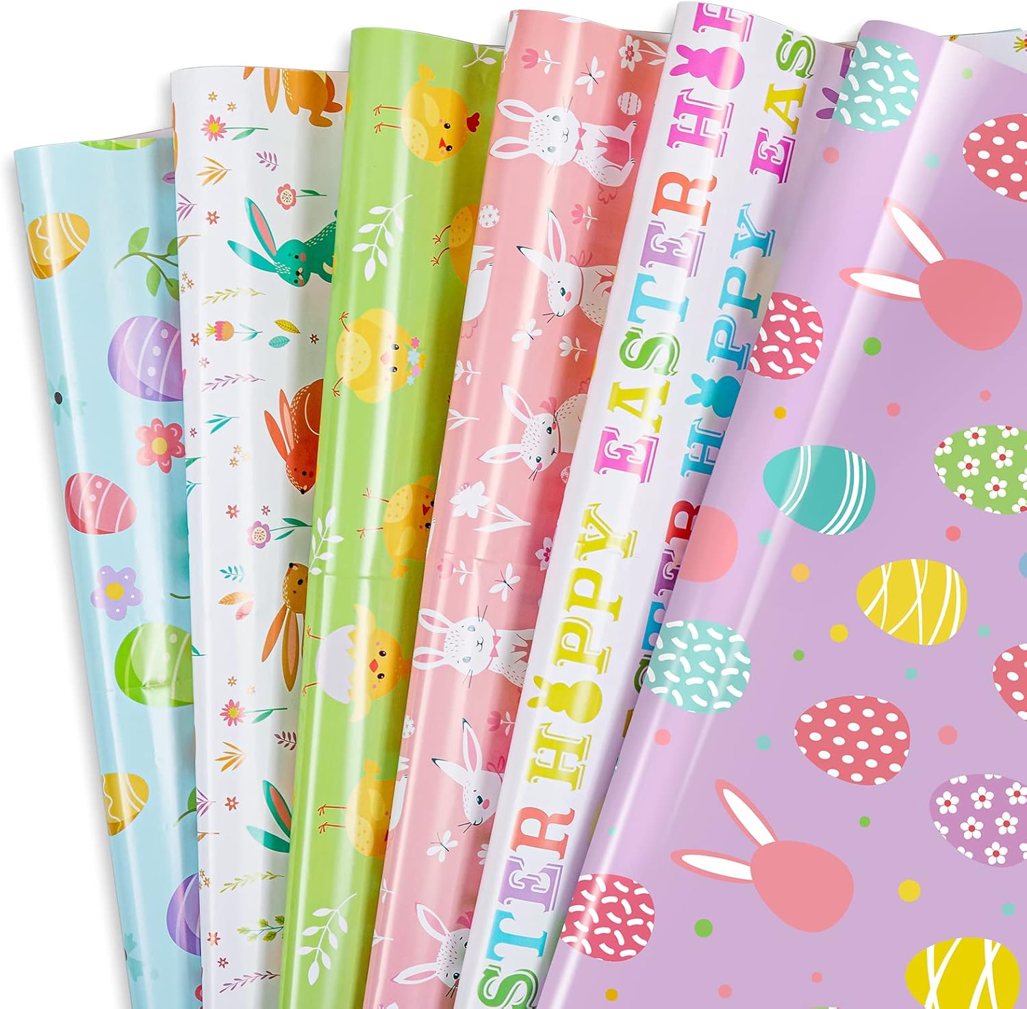 Whaline 12 Sheet Easter Wrapping Paper 6 Designs Easter Egg Bunny Rabbit Wrapping Paper Watercolor Cartoon Art Paper for Spring Holiday Birthday Baby Shower Party Gift Wrap DIY Craft