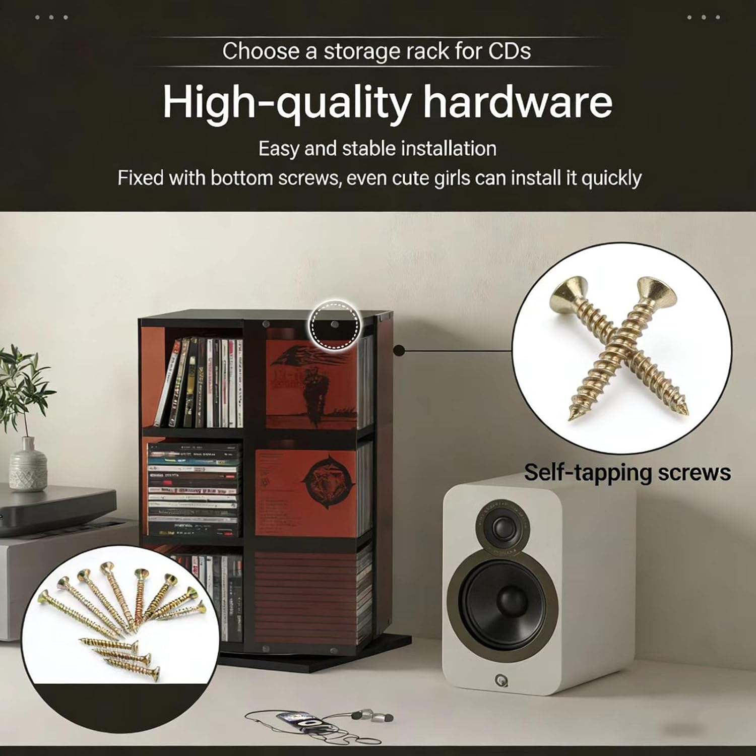 360 Rotating CD Tower,3-Tier CD & Cassette Display Rack,Acrylic & Wood Record Storage Rack, Multi-Tier Disc Organizer for CDs, DVDs, Albums, or Books, Holds Up To 120 Discs (White)