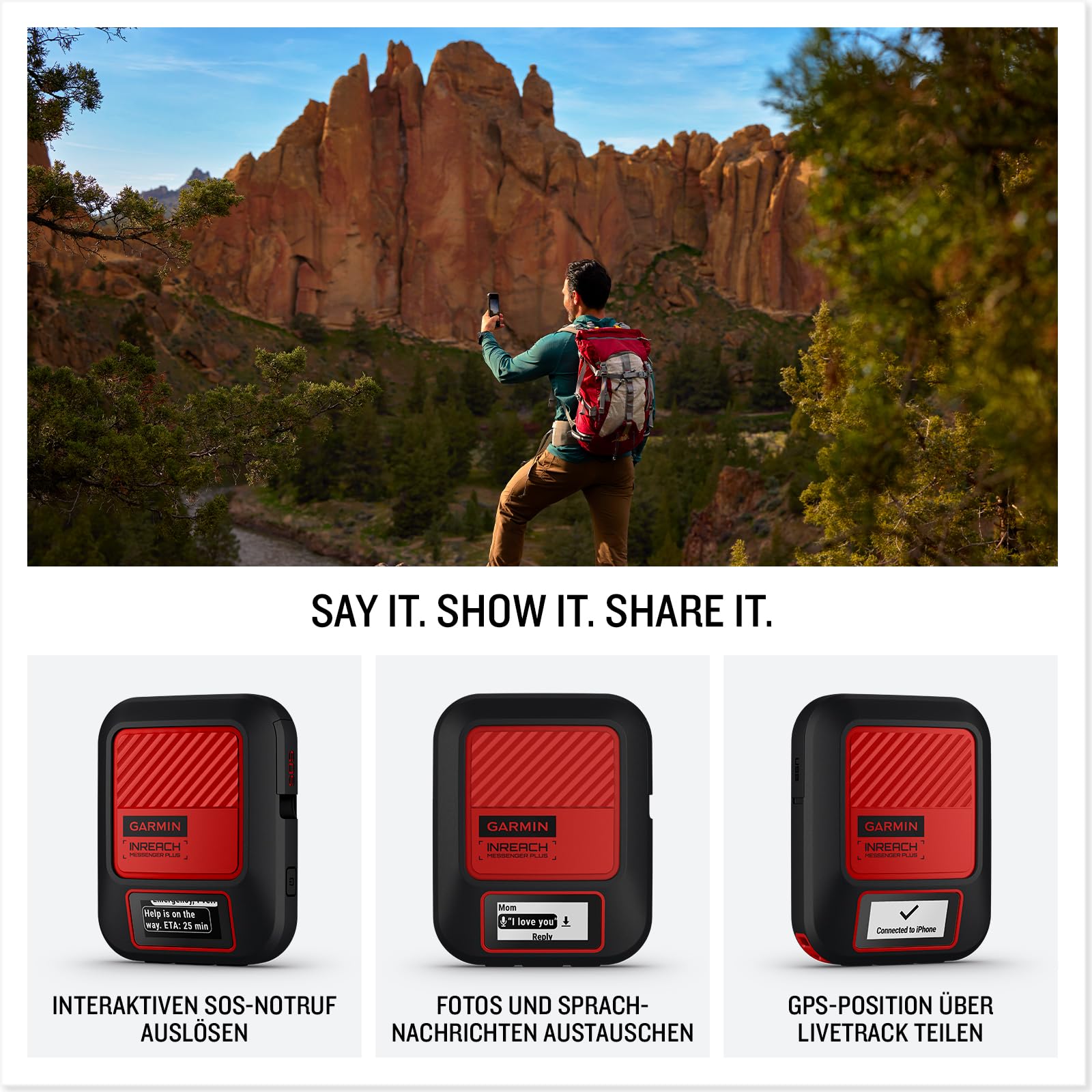 Garmin inReach Messenger Plus - Satelliten-Kommunikationsgerät mit Multimedie-Nachrichten, 2-Wege-Kommunikation, Verschicken und Empfangen von Fotos, Akkulaufzeit bis zu 25 Tage
