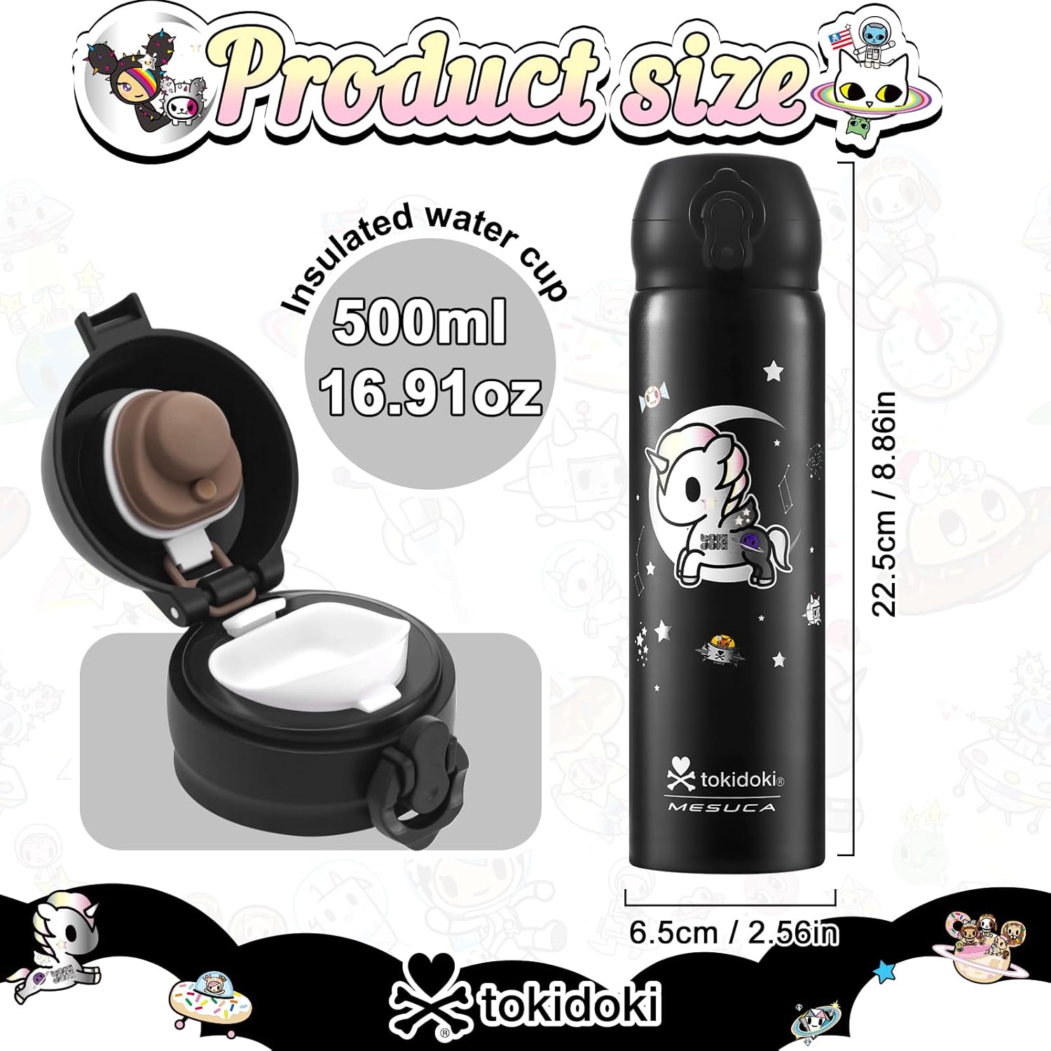 Tokidoki Unicorno Bottle 17oz Insulated Stainless Steel Water Bottle Reusable Vacuum Insulated Water Bottle Tumbler with Leak Proof Flip Bottle for Travel Office Gym (space) - Image 2