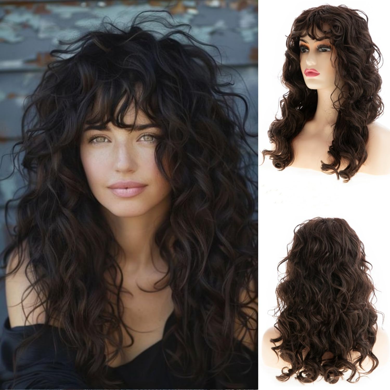 Wiwige Long Curly Wavy Brown Wig for Women Long Dark Brown Wig with Bangs Heat Resistant Synthetic Hair Cosplay Party Costume Wig