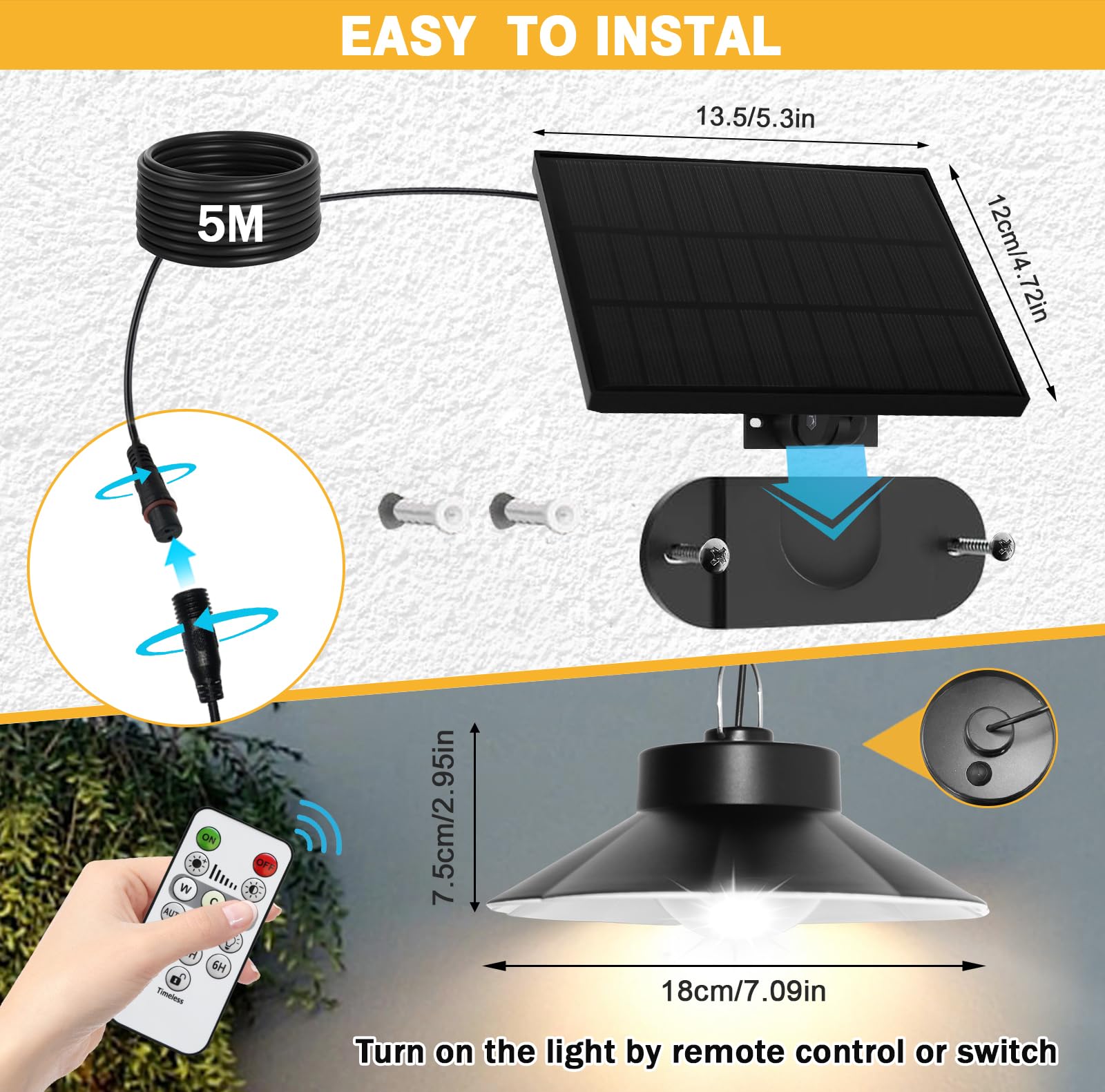 Solar Shed Lights Outdoor/Indoor,5M Solar Pendant Lights with Twilight Detection, 3 Color Temperatures Solar Lamp with Timing, 920LM/Remote Control/IP65 for Garden/Yard/Porch/Patio
