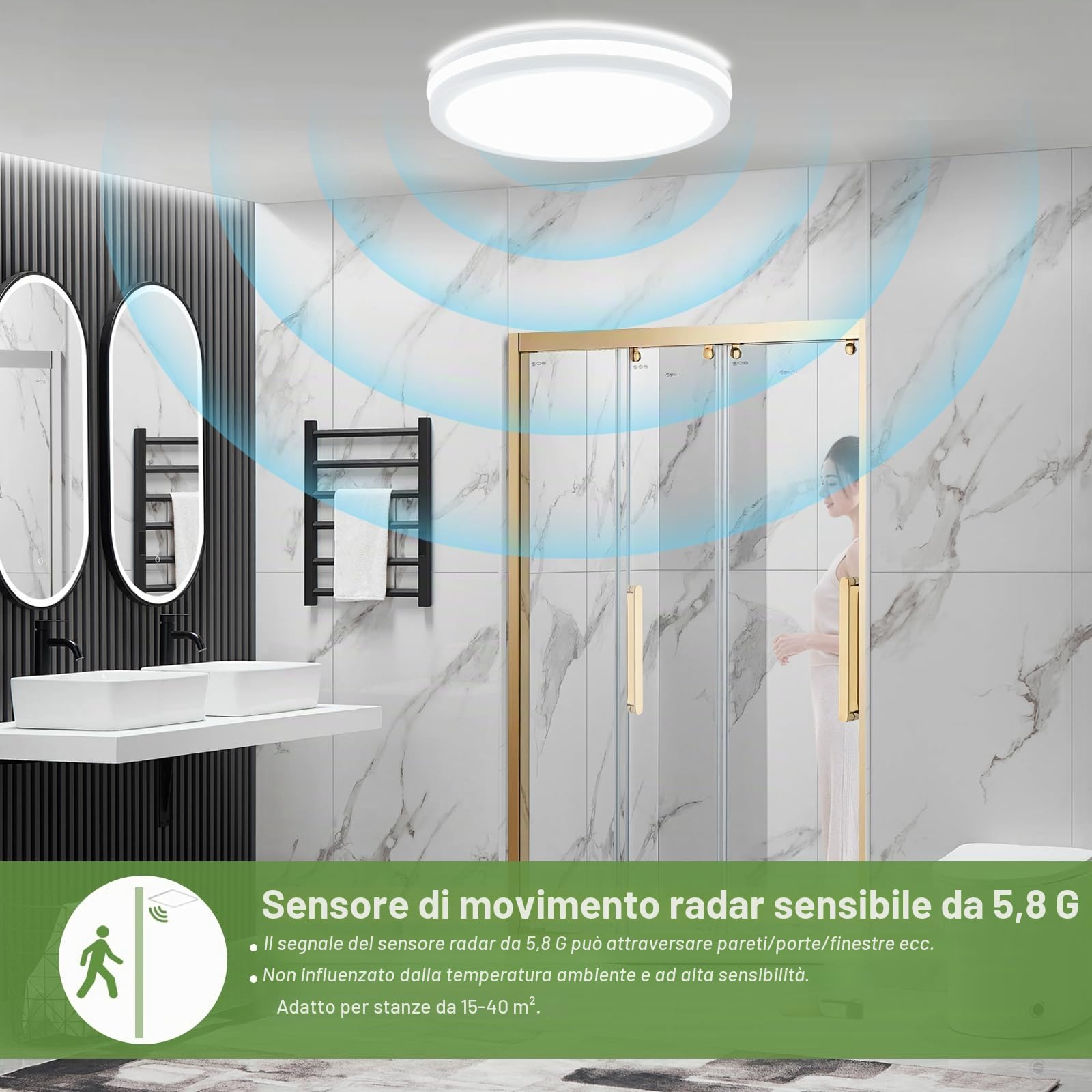 LEZOE Plafoniera LED con sensore di movimento IP65 impermeabile, 30W 4500lm 150(Lm/W) lampada da soffitto con sensore 3000K/4000K/6500K Ideale per bagno, garage, corridoio, balcone Ø26cm Bianco